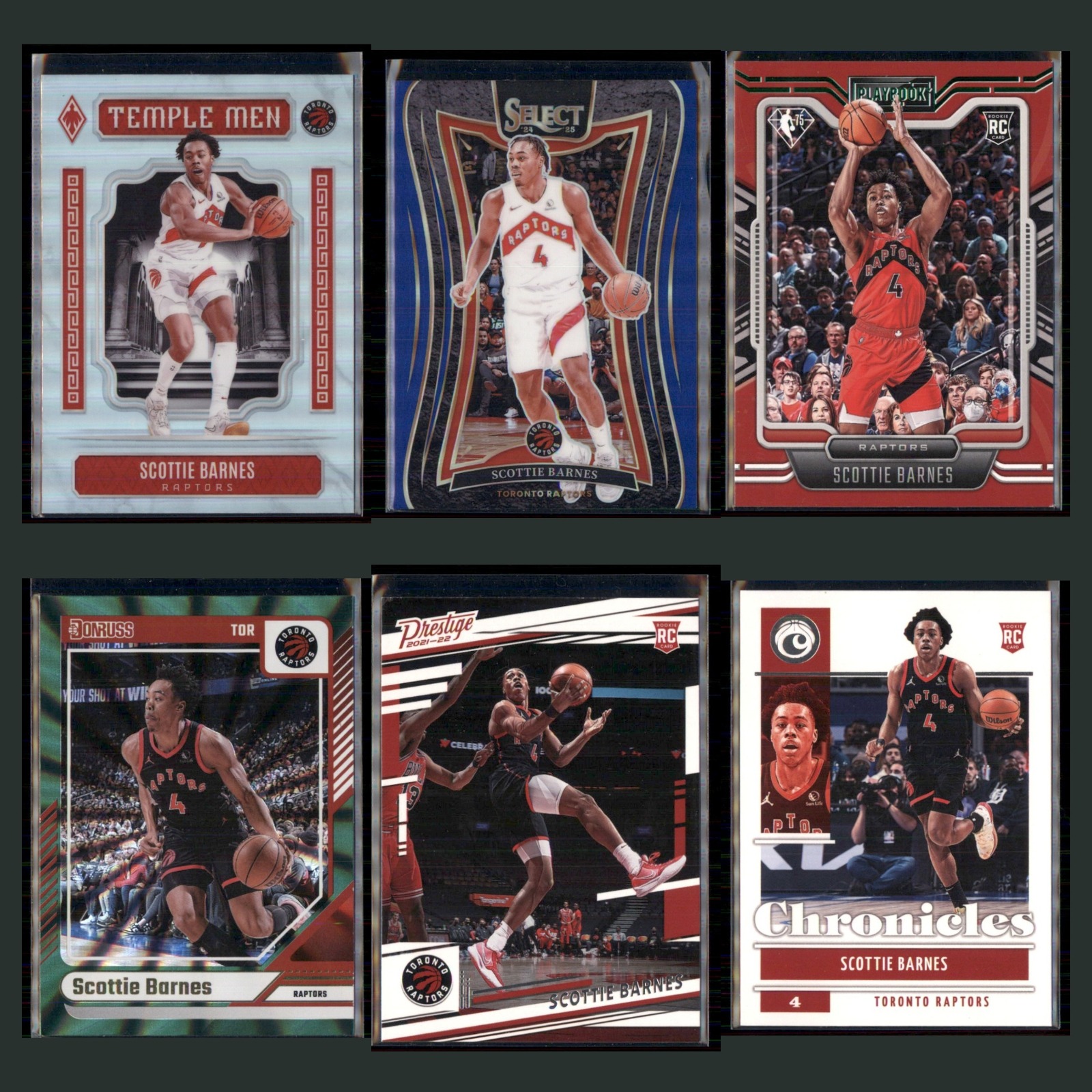 Scottie Barnes Lot 6 Basketball Cards 2023 Panini Phoenix Temple Men Raptors Set card scans. Overall card condition is Near Mint.