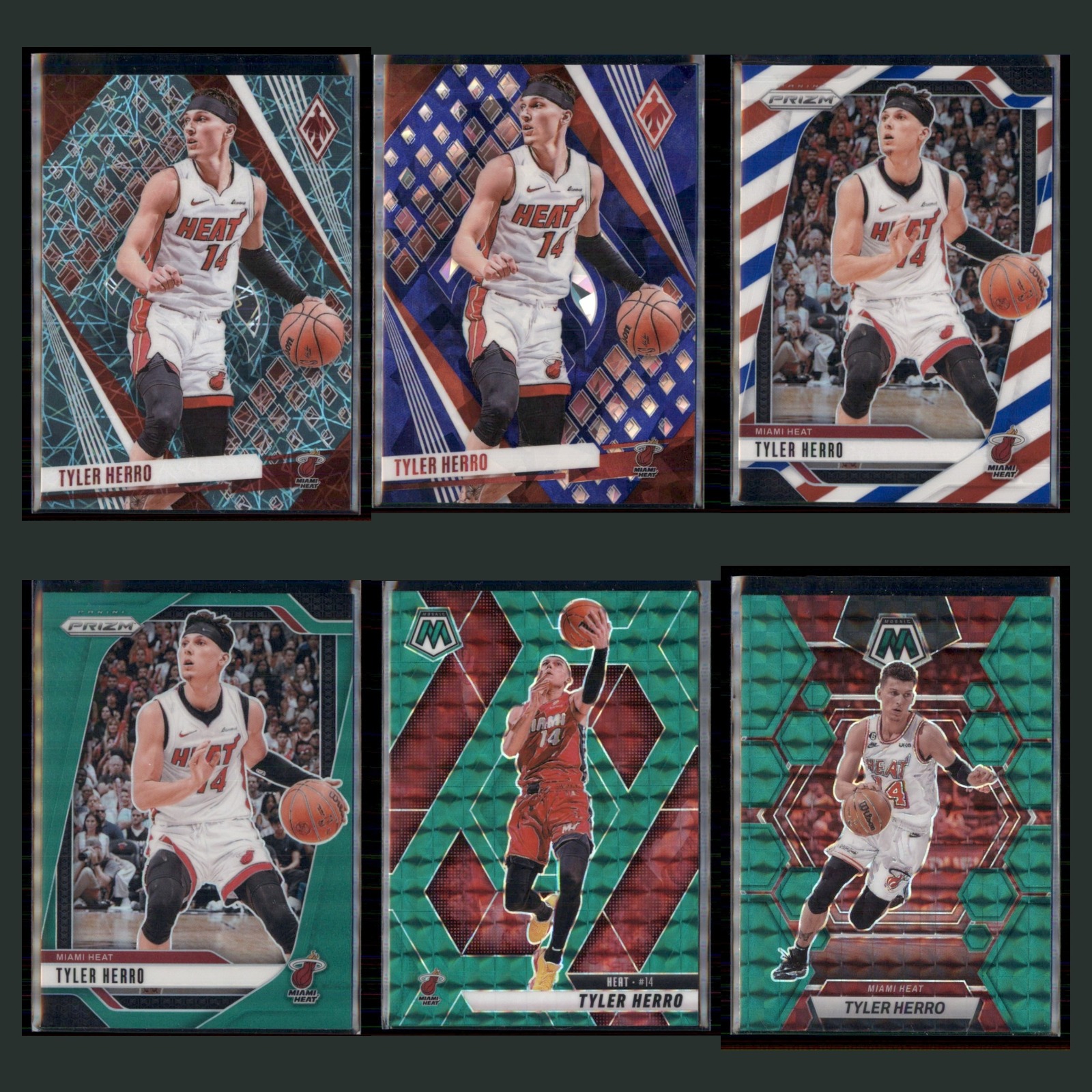 Tyler Herro Lot 6 Basketball Cards 2023 Panini Phoenix Teal Lazer Prizm Heat Set card scans. Overall card condition is Near Mint.
