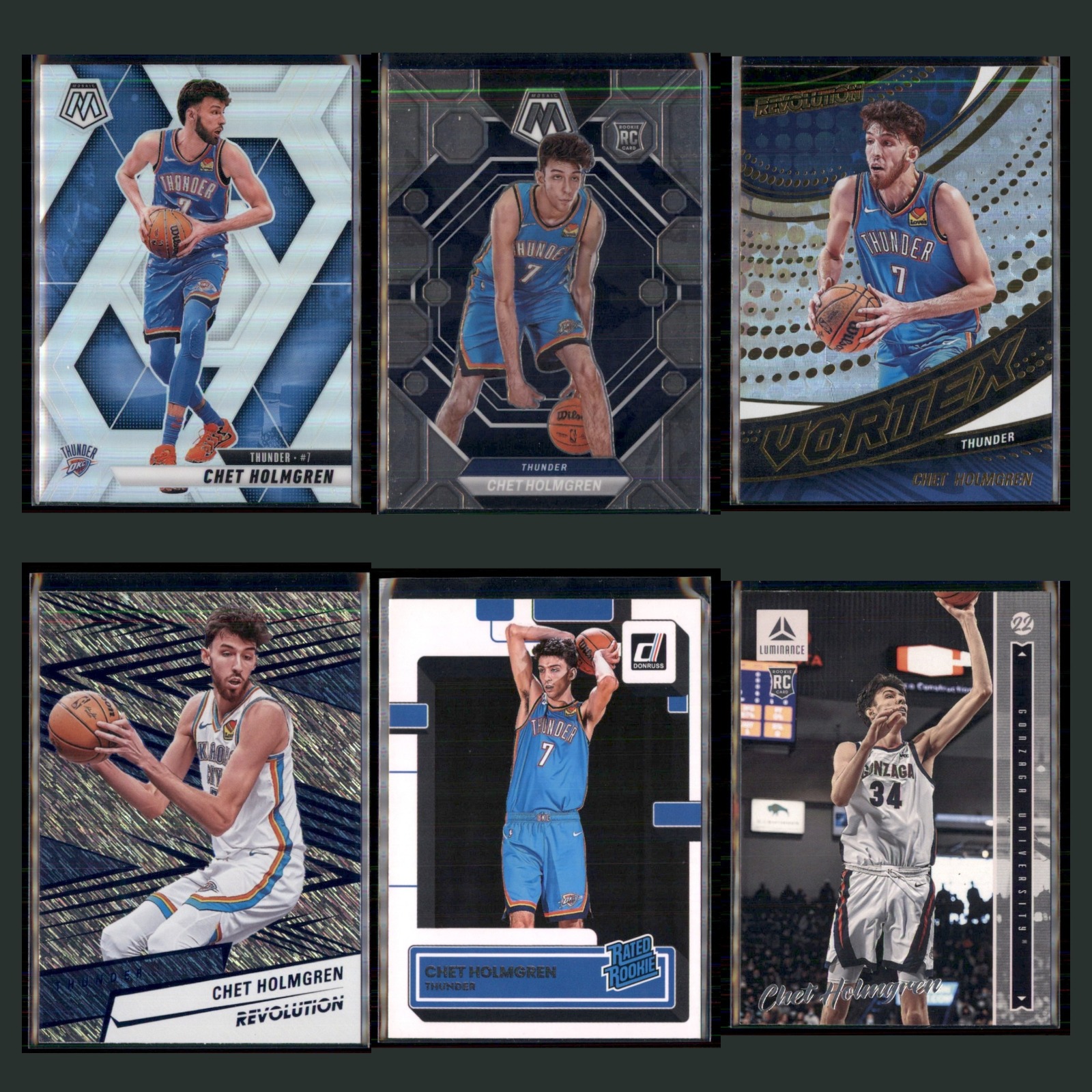 Chet Holmgren Lot 6 Basketball Cards 2024 Panini Mosaic Silver Prizm Thunder Set card scans. Overall card condition is Near Mint.