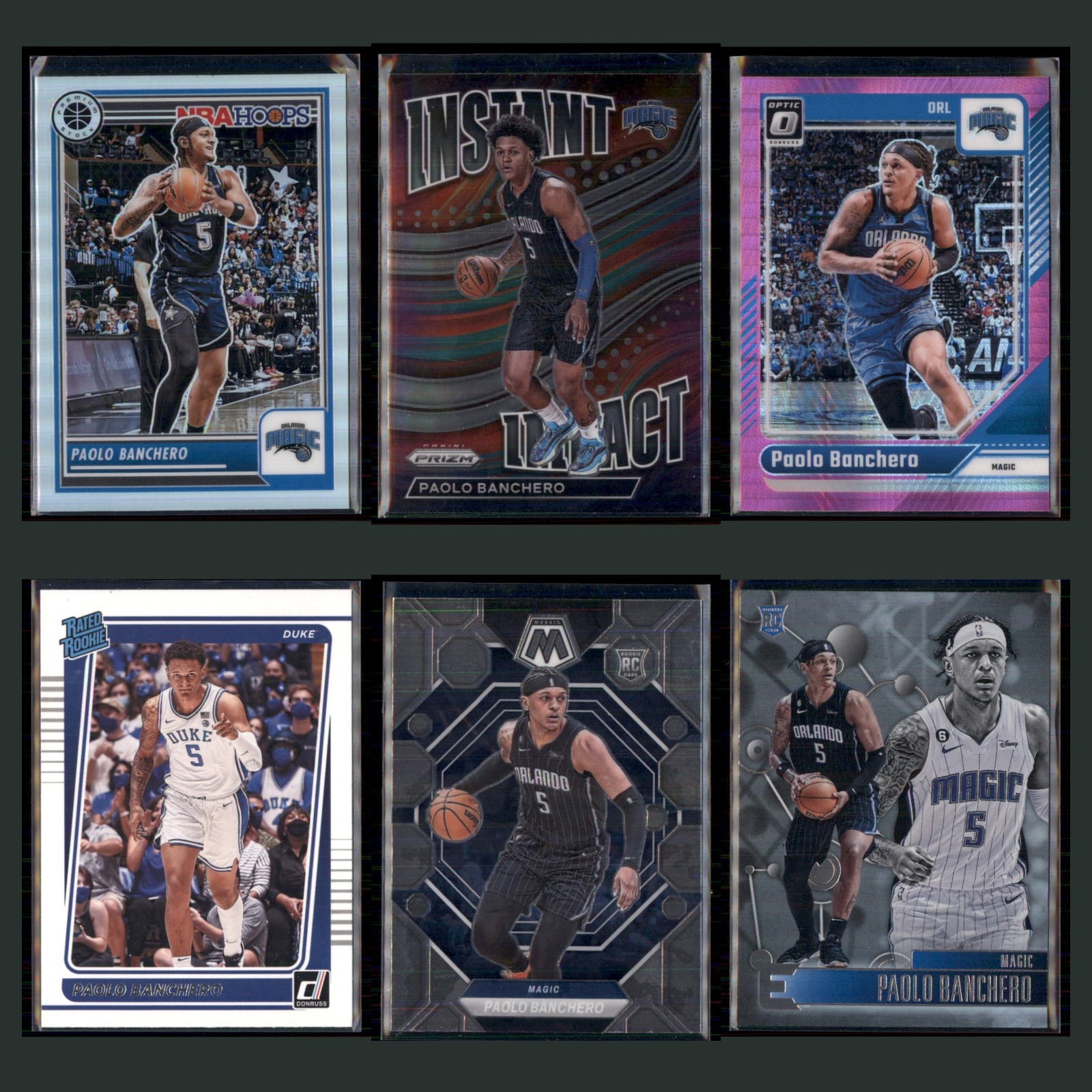 Paolo Banchero Lot 6 Basketball Cards 2023 Hoops Premium Stock Silver Prizm Set card scans. Overall card condition is Near Mint.