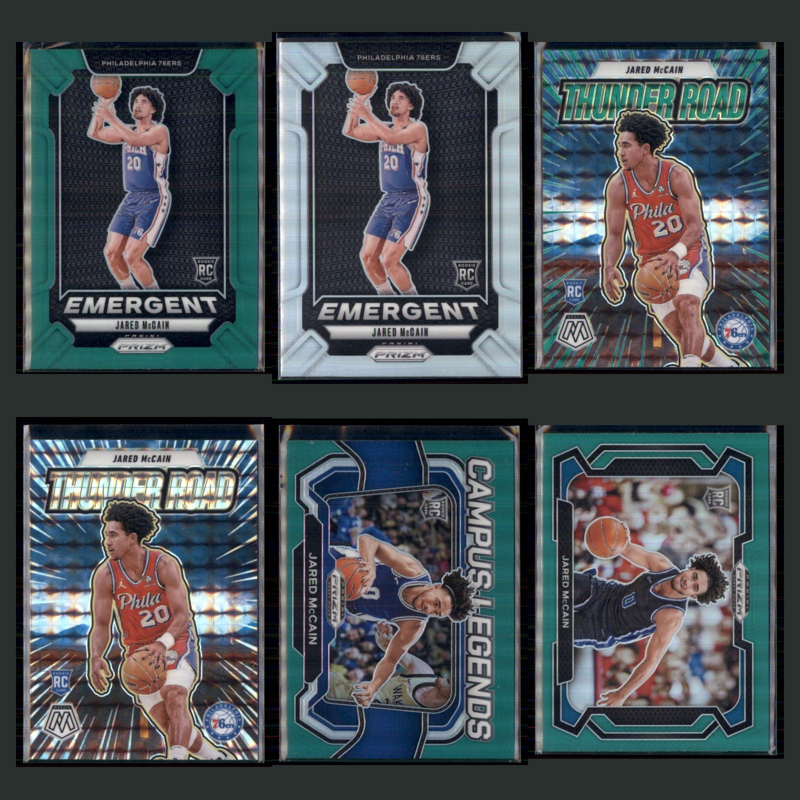 Jared McCain Rookie Lot 6 Basketball Cards 2024 Panini Prizm Emergent Green Set card scans. Overall card condition is Near Mint.