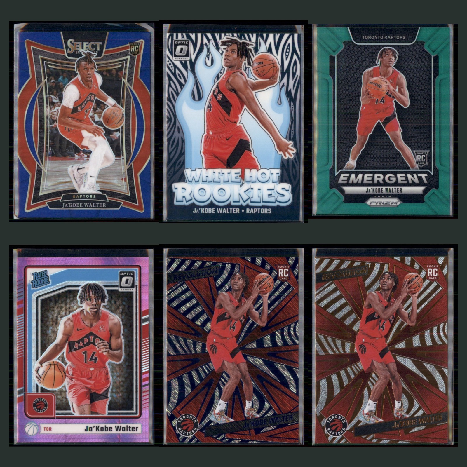 Ja'Kobe Walter Rookie Lot 6 Basketball Cards 2024 Panini Select Blue Prizm Set card scans. Overall card condition is Near Mint.