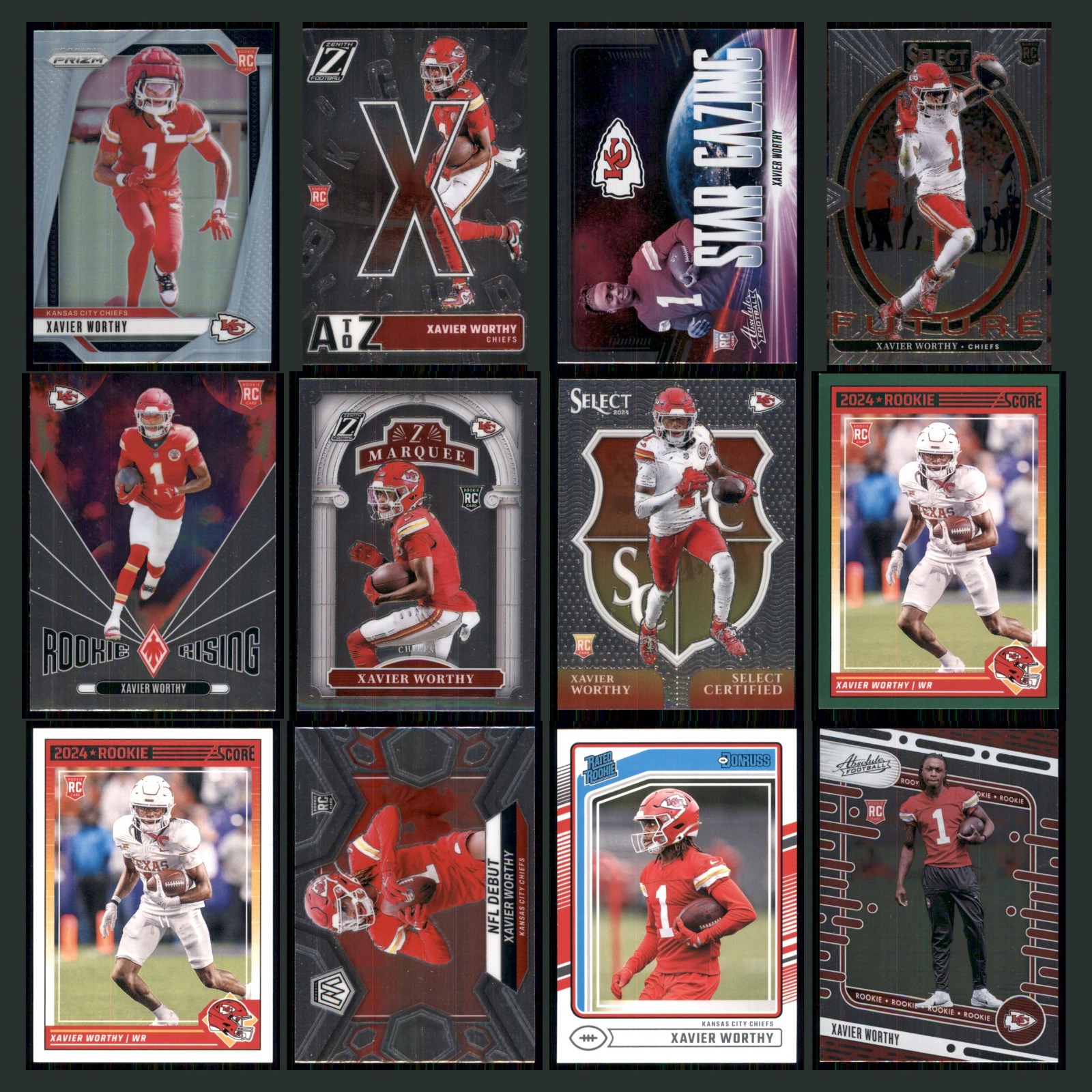 Xavier Worthy Rookie Lot 12 Football Cards 2024 Panini Prizm Silver Chiefs Set card scans. Overall card condition is Near Mint.