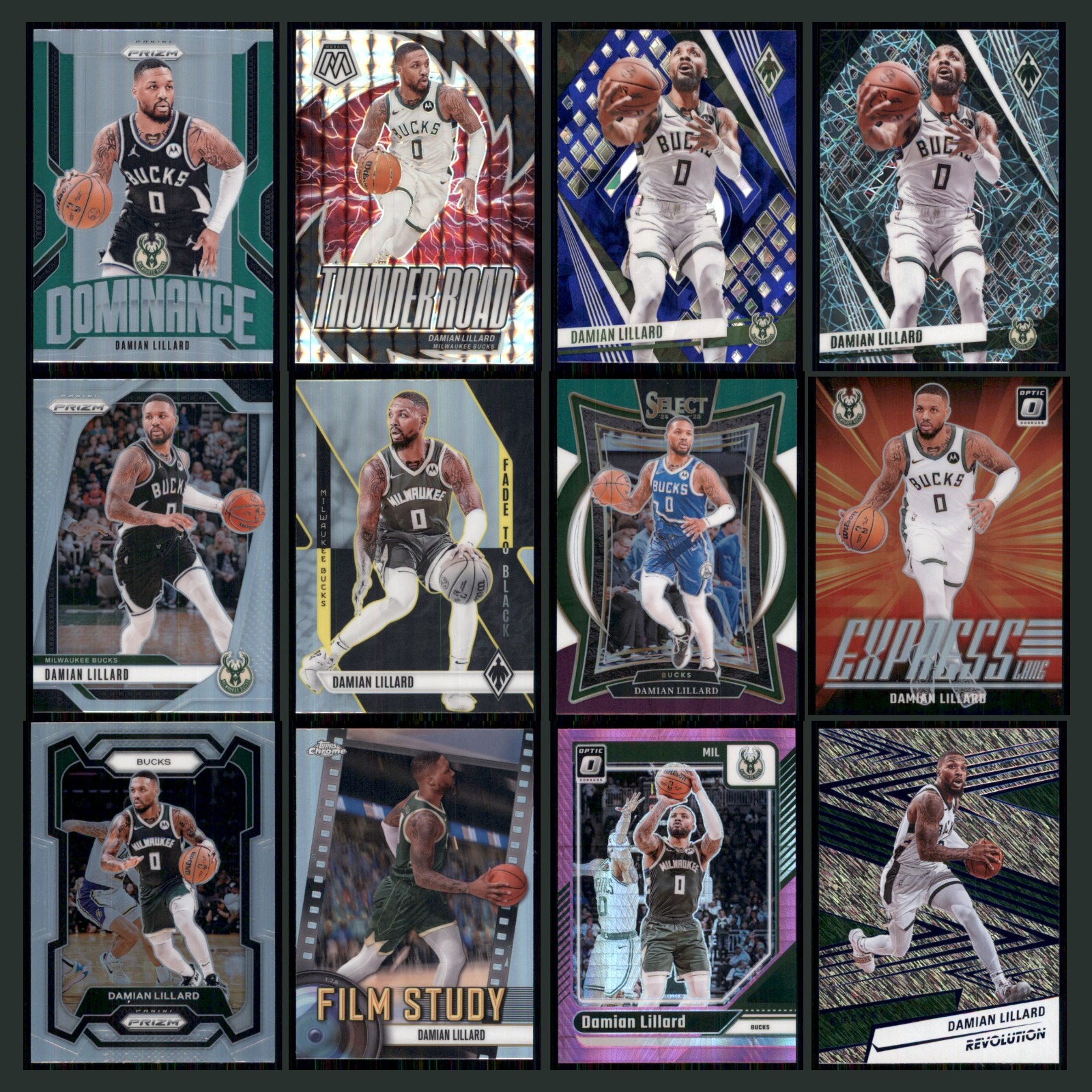 Damian Lillard Lot 12 Basketball Cards 2024 Panini Prizm Dominance Green Bucks card scans. Overall card condition is Near Mint.