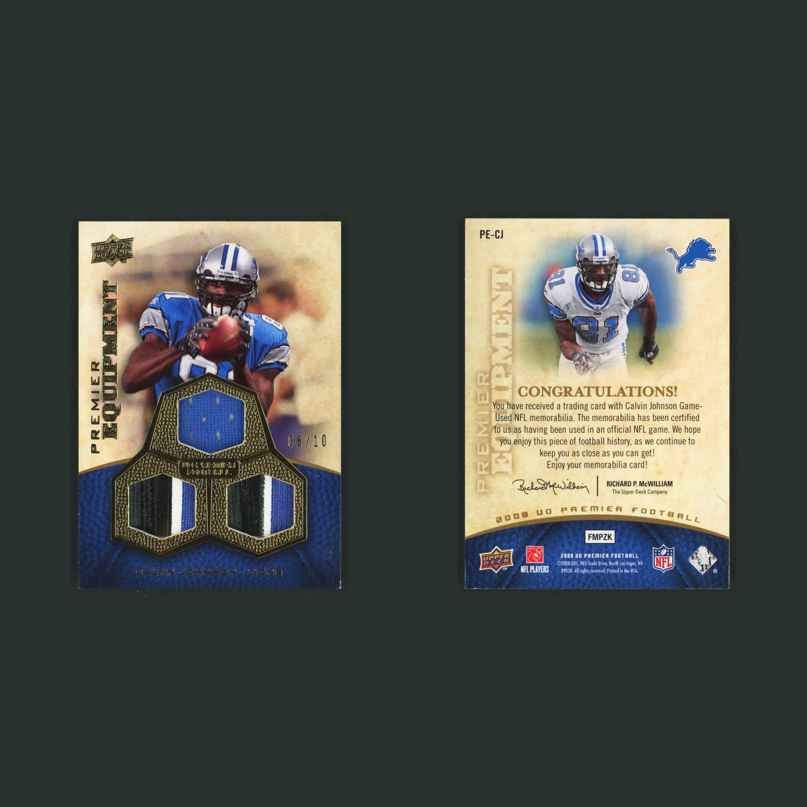 Calvin Johnson Patch /10 #PE-CJ 2008 Upper Deck Premier Equipment 10 Lions Card front and back scans. Card condition is Near Mint.