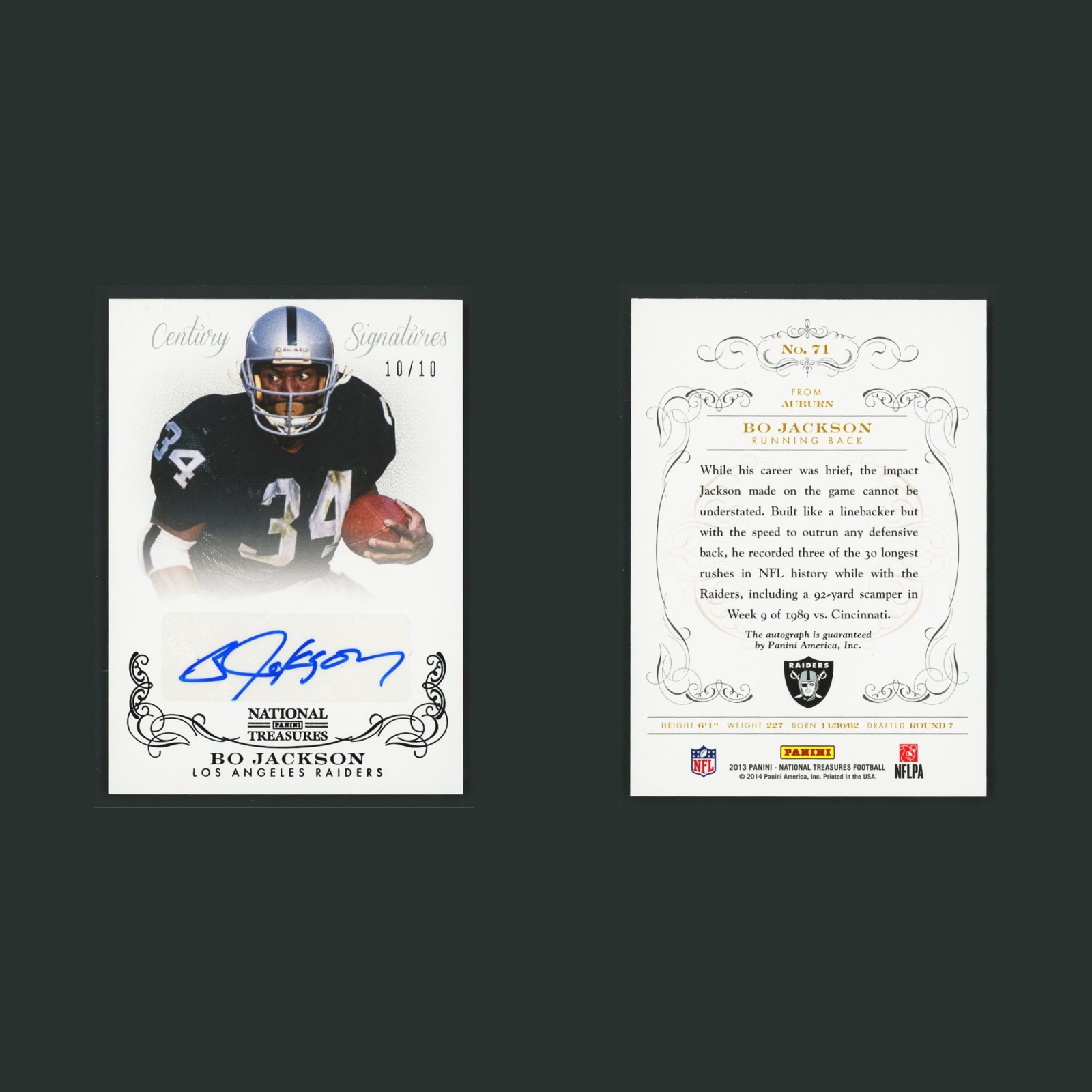 Bo Jackson Auto /10 #71 Autograph 2013 Panini National Treasures Football Card front and back scans. Card condition is Near Mint.