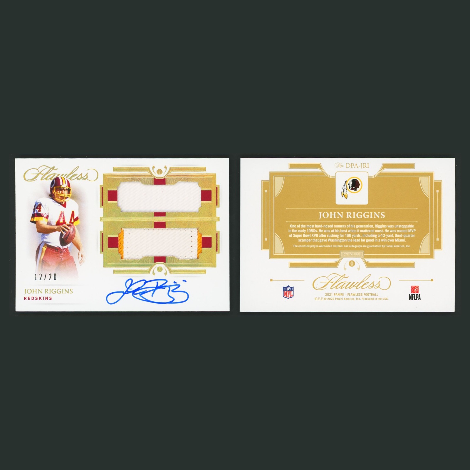 John Riggins Patch Auto /20 #DPA-JRI Autograph 2021 Washington Redskins Football front and back scans. Card condition is Near Mint.