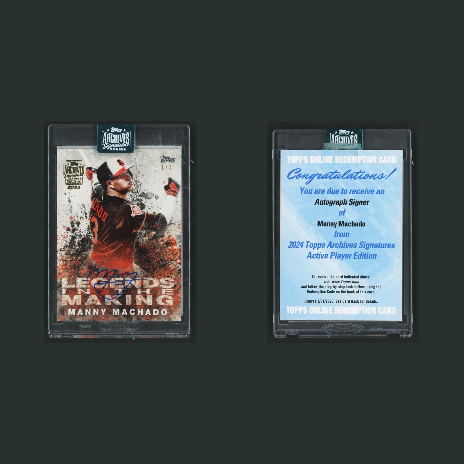 Manny Machado Auto 1/1 #LTM-MM Autograph 2024 Topps Archives Signature Series front and back scans. Card condition is Near Mint.
