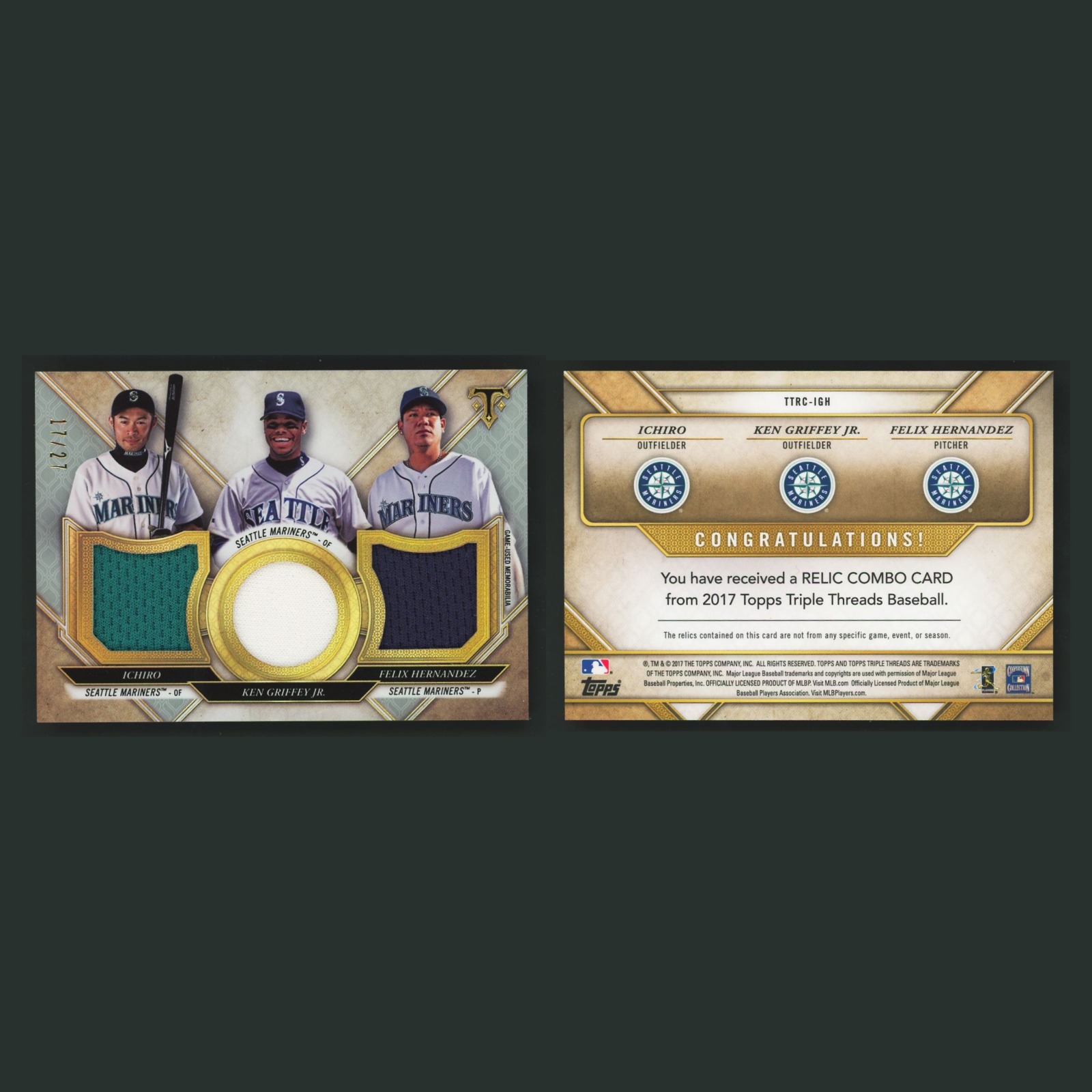 Ken Griffey Jr./Ichiro/Felix Hernandez Patch /27 #TTRC-IGH 2017 Seattle Mariners front and back scans. Card condition is Near Mint.