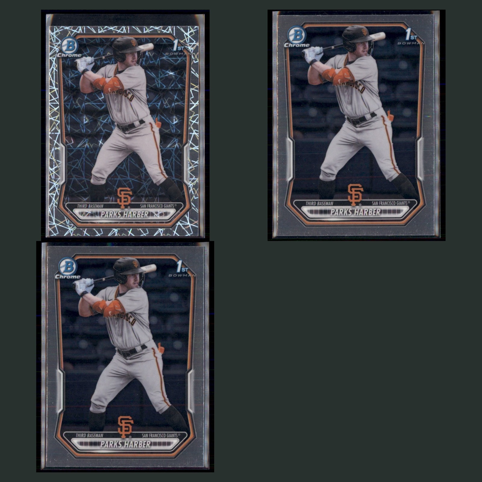 Parks Harber Rookie Lot 3 Baseball Cards 2026 Bowman Chrome Prospects Mojo Set card scans. Overall card condition is Near Mint.
