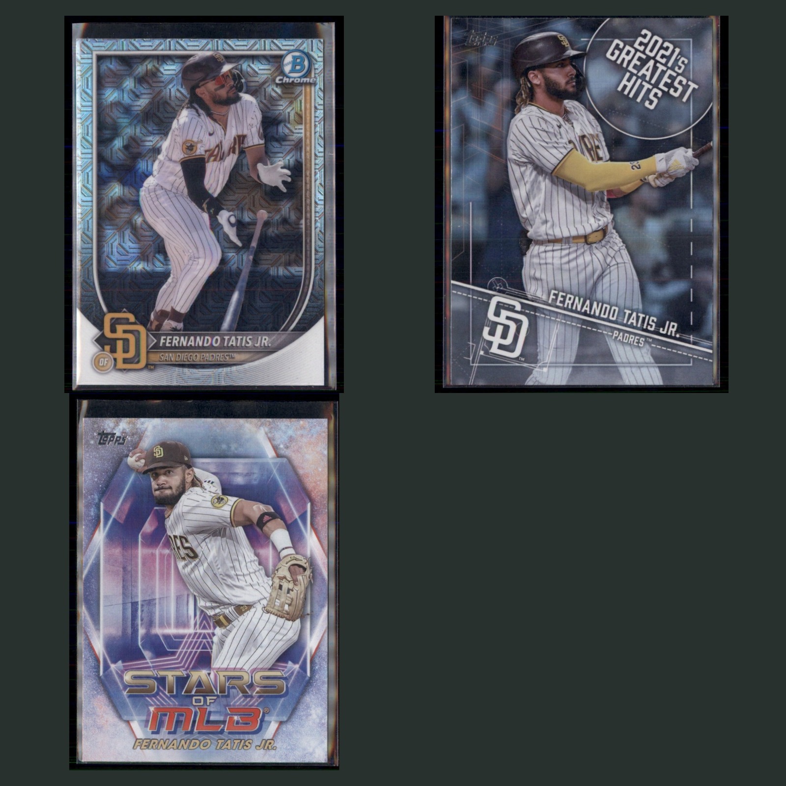 Fernando Tatis Jr. Lot 3 Baseball Cards 2025 Bowman Mojo San Diego Padres Set NM card scans. Overall card condition is Near Mint.