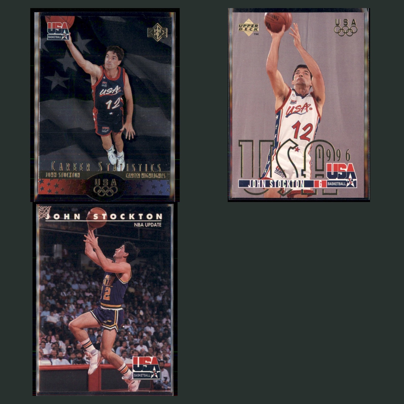 John Stockton Lot 3 Basketball Cards 1996 Upper Deck USA Utah Jazz Set NBA NM card scans. Overall card condition is Near Mint.