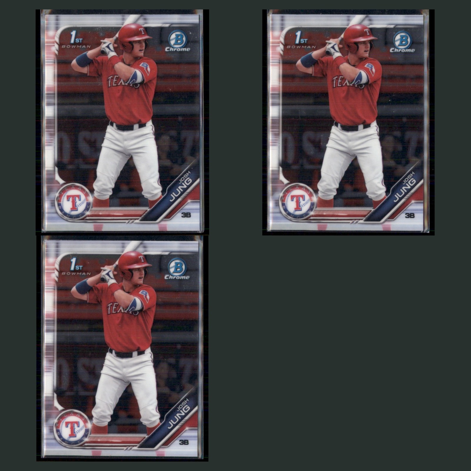 Josh Jung Rookie Lot 3 Baseball Cards 2019 Bowman Draft Chrome Refractor Rangers card scans. Overall card condition is Near Mint.