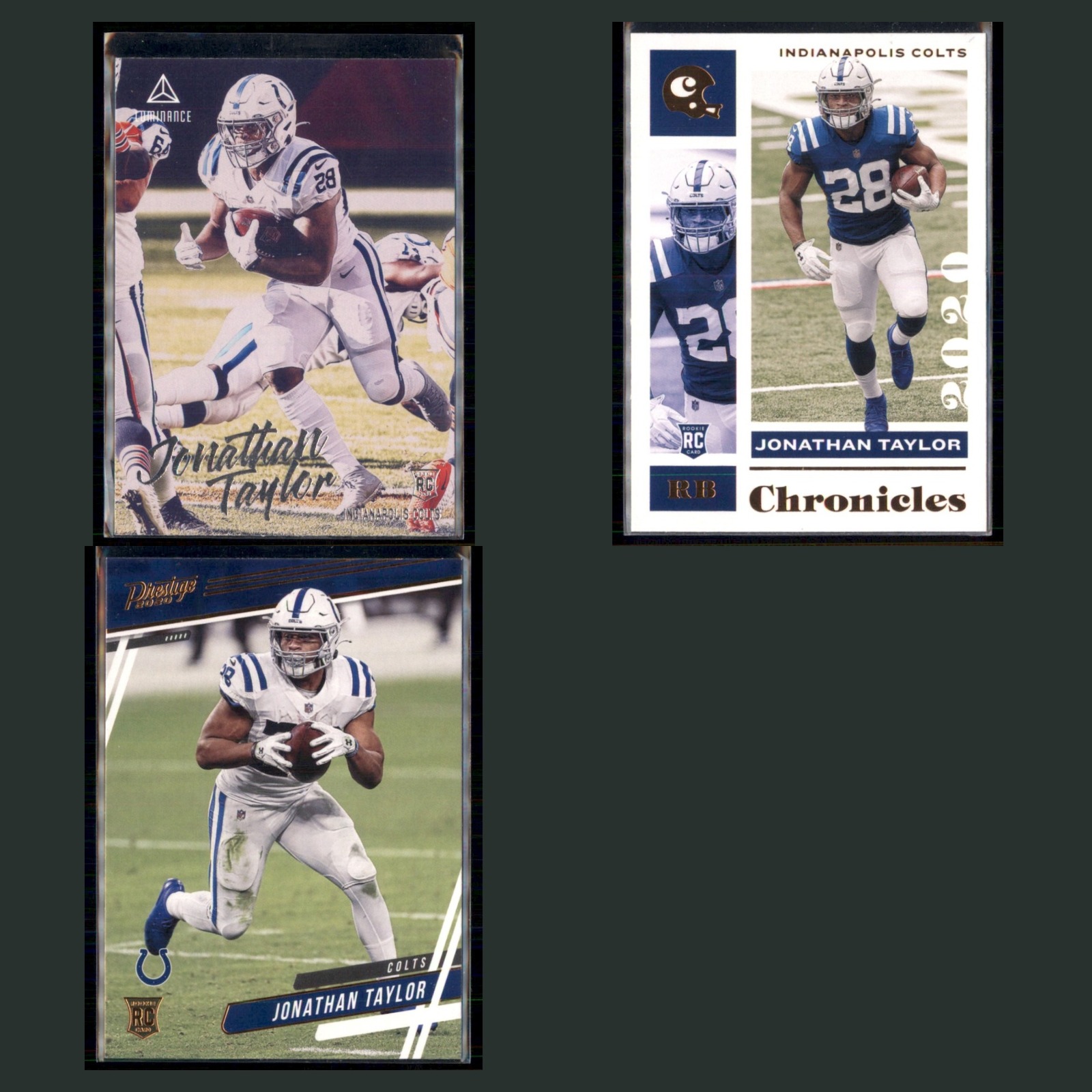Jonathan Taylor Rookie Lot 3 Football Cards 2020 Indianapolis Colts Set NFL NM card scans. Overall card condition is Near Mint.