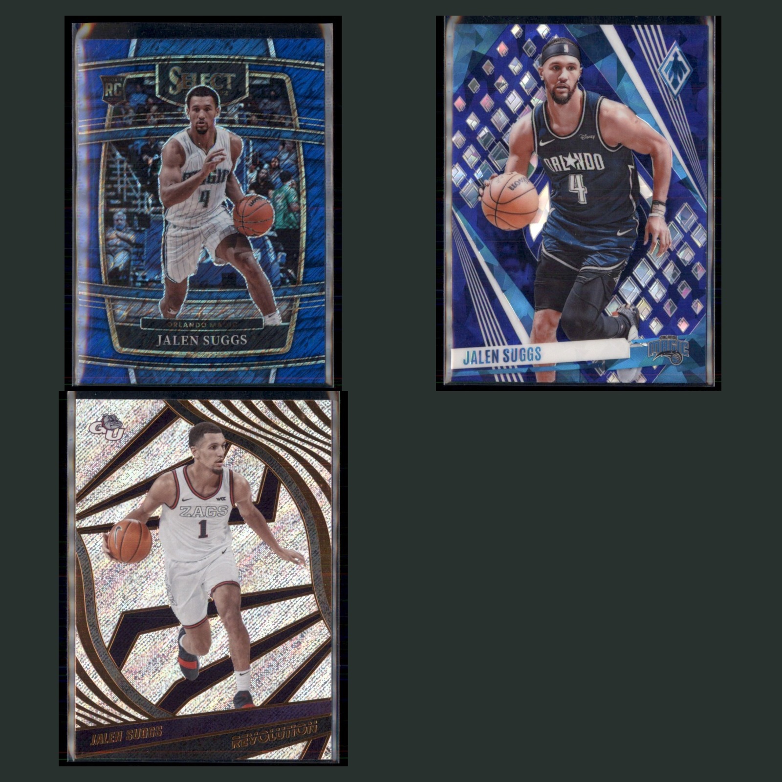 Jalen Suggs Rookie Lot 3 Basketball Cards 2022 Panini Select Blue Shimmer Prizm card scans. Overall card condition is Near Mint.