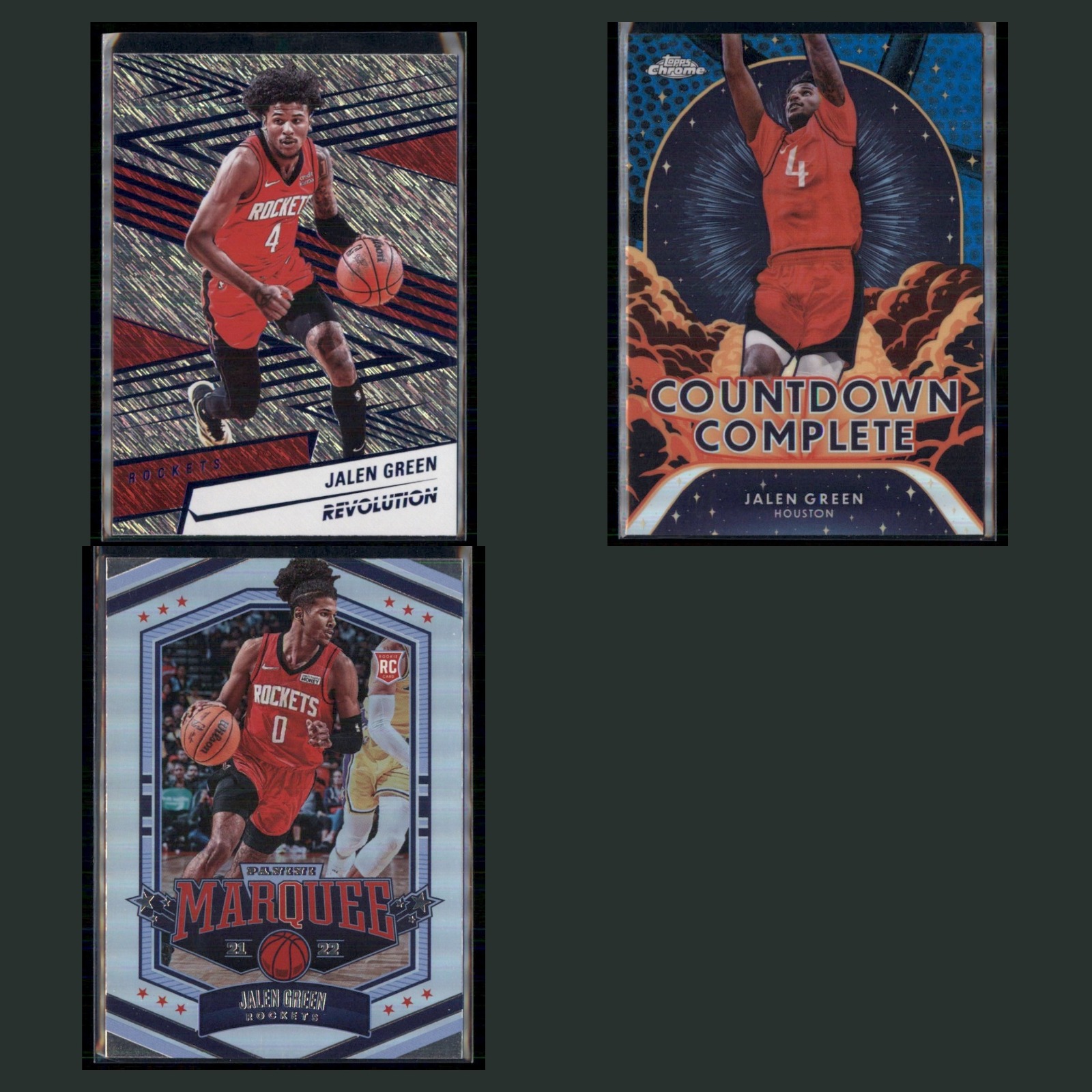 Jalen Green Lot 3 Basketball Cards 2024 Panini Revolution Storm Houston Rockets card scans. Overall card condition is Near Mint.