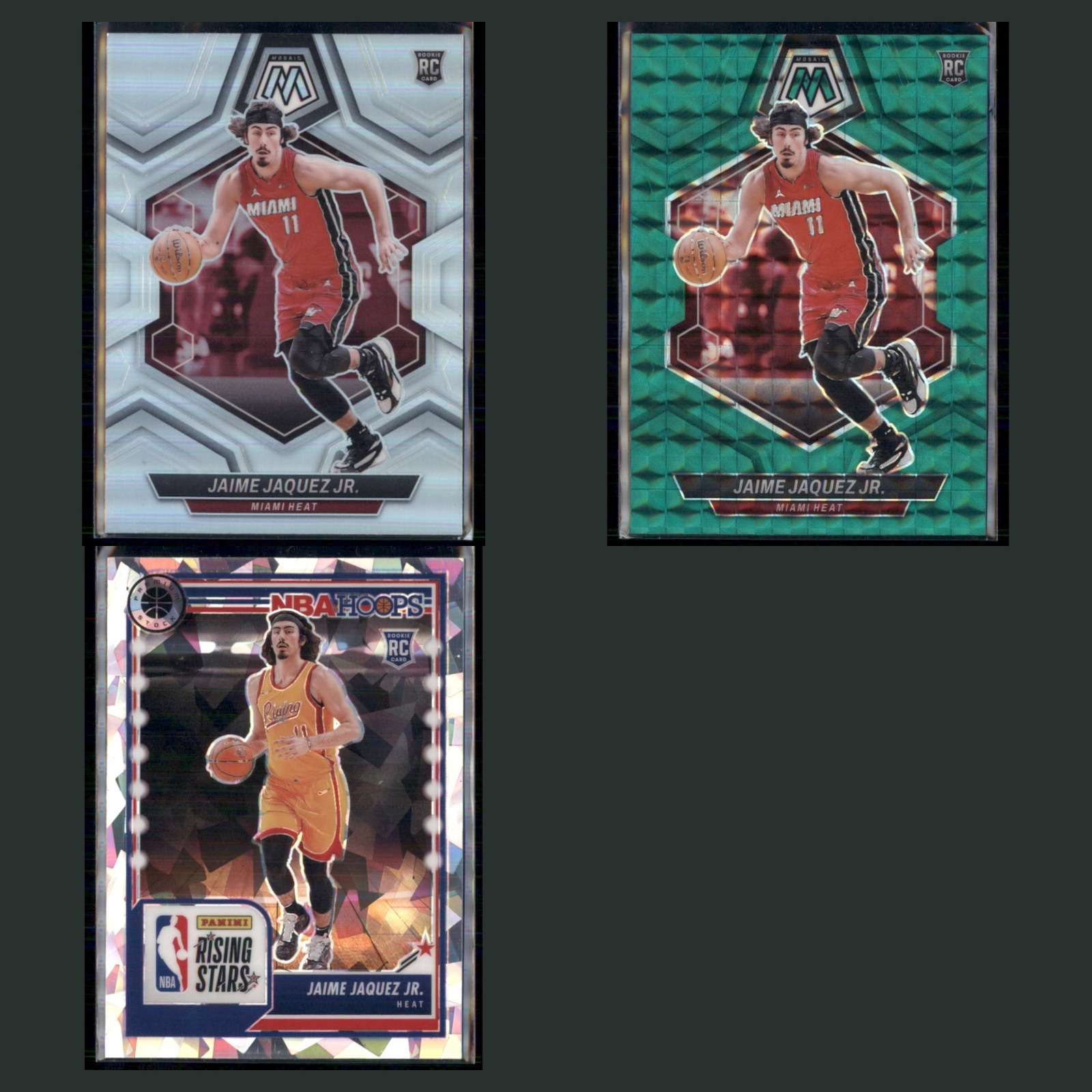 Jaime Jaquez Jr. Rookie Lot 3 Basketball Cards 2023 Panini Mosaic Silver Prizm card scans. Overall card condition is Near Mint.