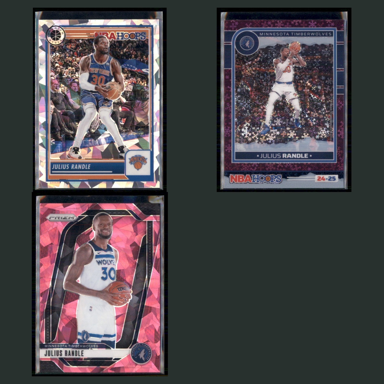 Julius Randle Lot 3 Basketball Cards 2023 Hoops Cracked Ice Prizm Knicks Set NBA card scans. Overall card condition is Near Mint.