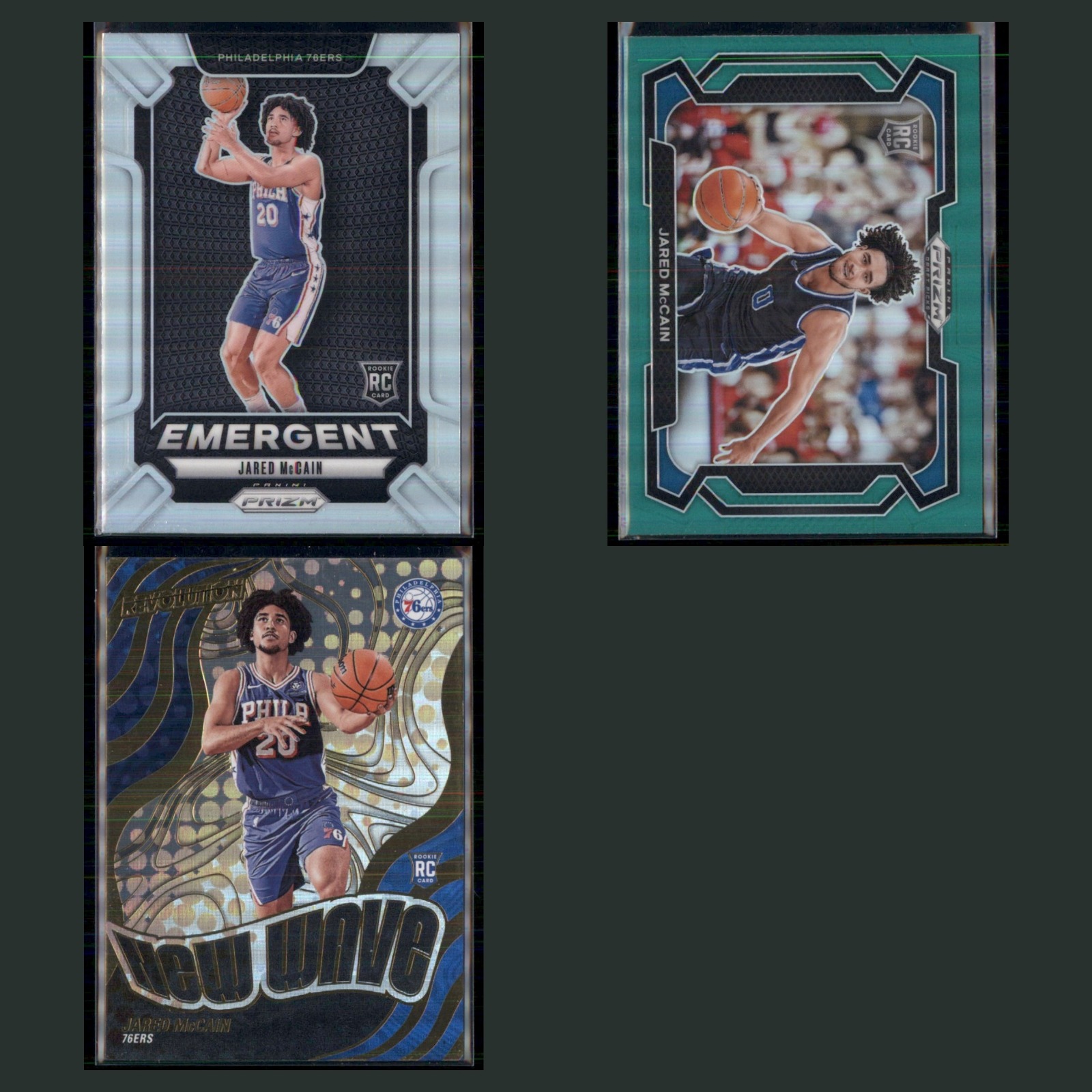 Jared McCain Rookie Lot 3 Basketball Cards 2024 Panini Prizm Emergent Silver Set card scans. Overall card condition is Near Mint.