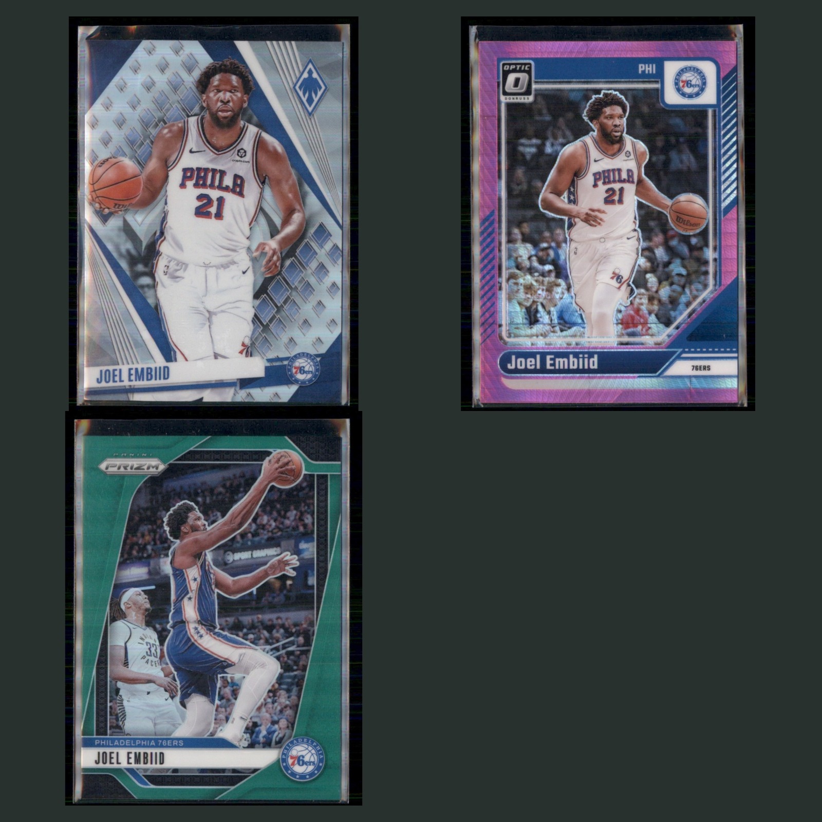 Joel Embiid Lot 3 Basketball Cards 2023 Panini Phoenix Silver Prizm 76ers Set NM card scans. Overall card condition is Near Mint.