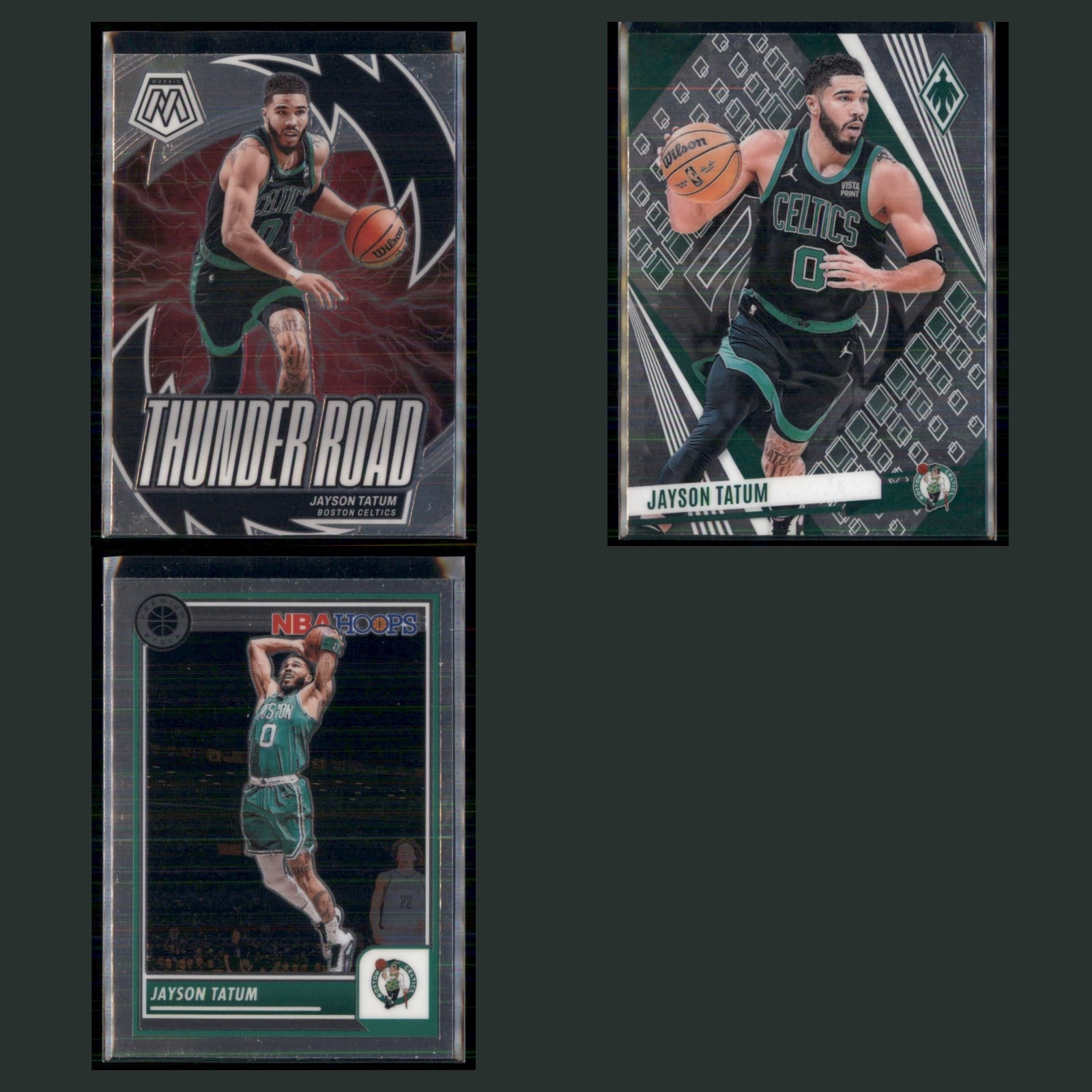 Jayson Tatum Lot 3 Basketball Cards 2024 Panini Mosaic Thunder Road Celtics Set card scans. Overall card condition is Near Mint.