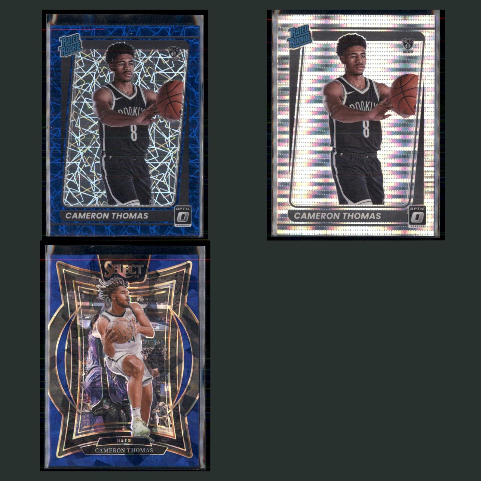 Cameron Thomas Rookie Lot 3 Basketball Cards 2021 Donruss Optic Blue Lazer Prizm card scans. Overall card condition is Near Mint.