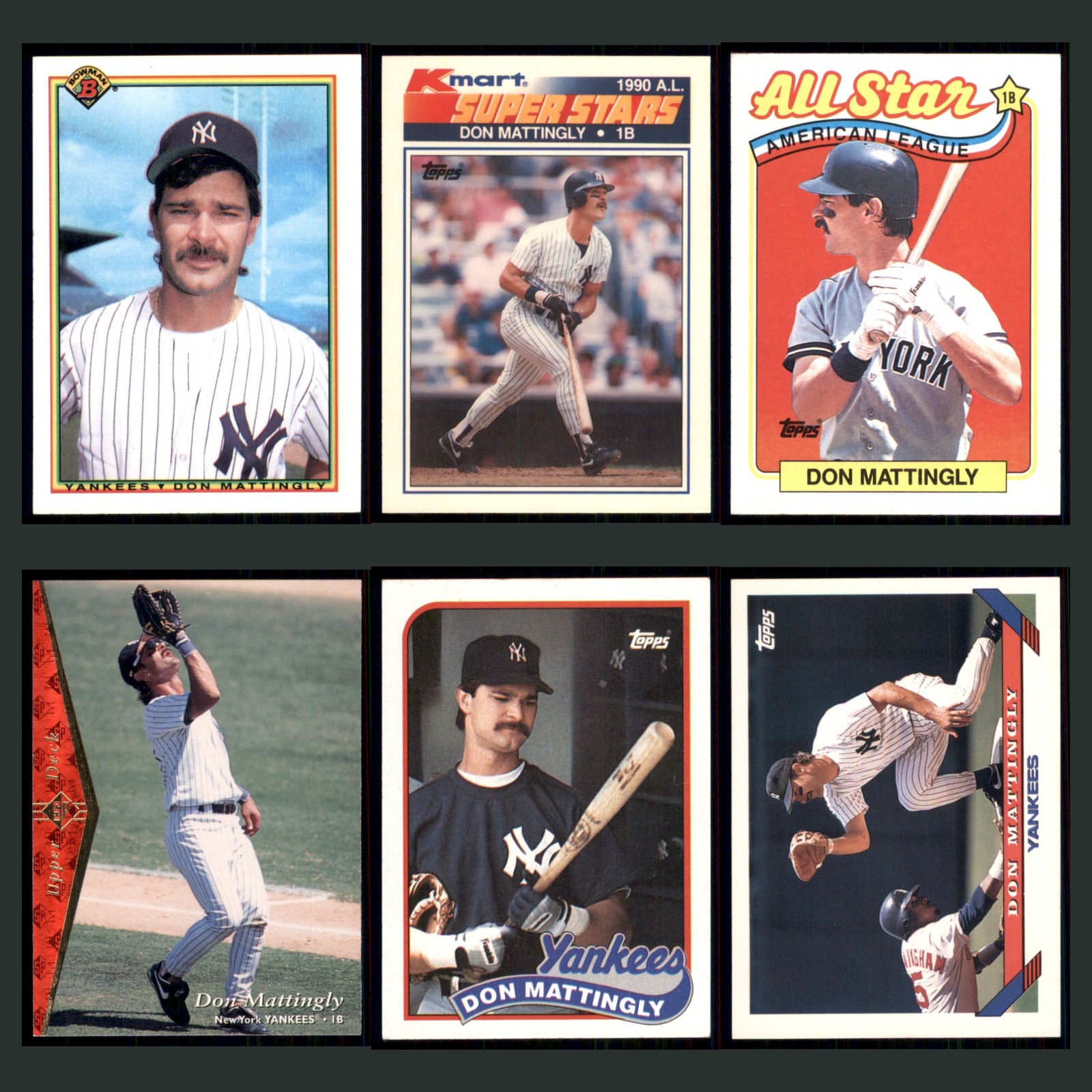 Don Mattingly Lot 6 Baseball Cards 1990 Bowman New York Yankees Set Collection card scans. Overall card condition is Near Mint.