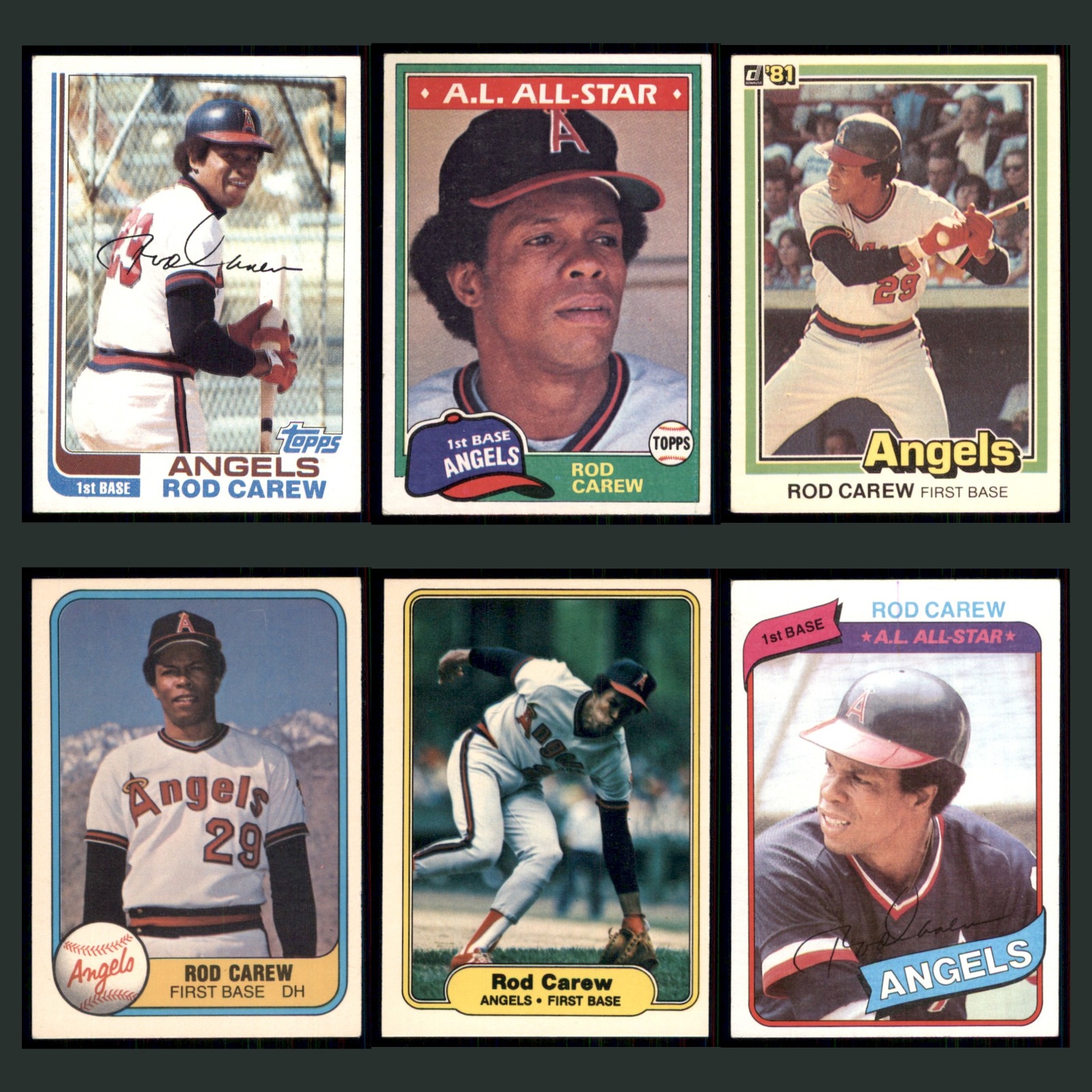 Rod Carew Lot 6 Baseball Cards 1982 Topps California Angels Set Collection MLB card scans. Overall card condition is Near Mint.