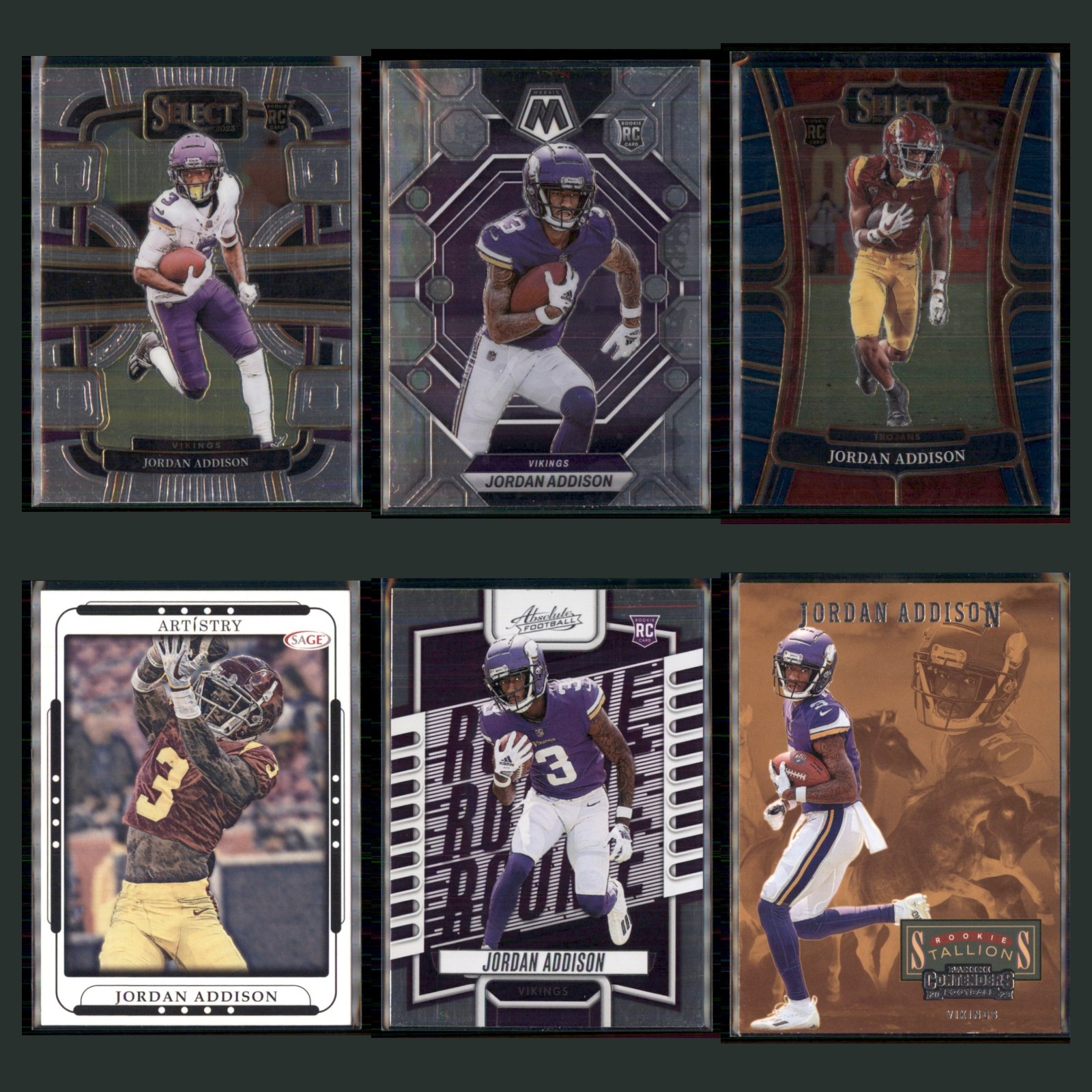 Jordan Addison Rookie Lot 6 Football Cards 2023 Panini Select Minnesota Vikings card scans. Overall card condition is Near Mint.