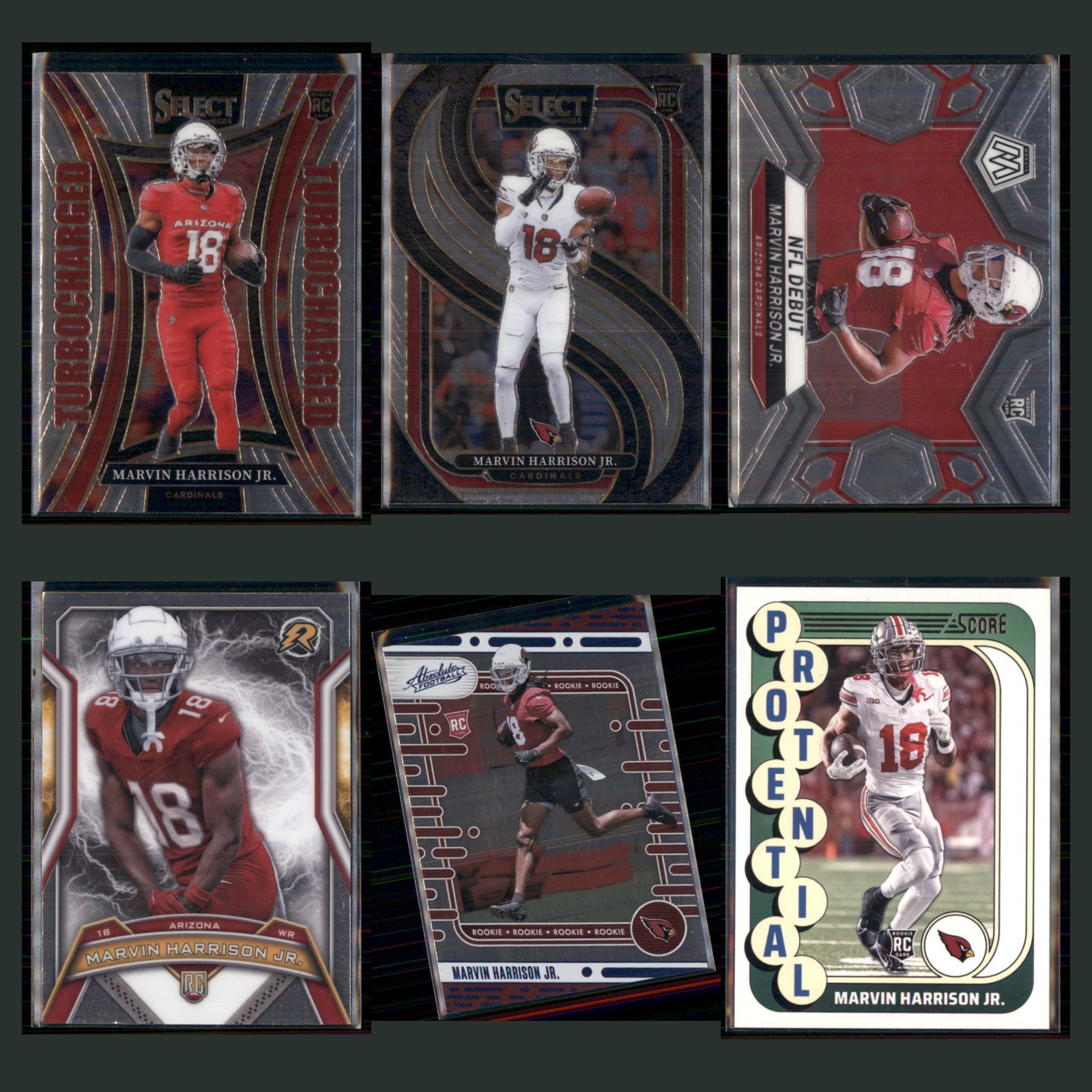 Marvin Harrison Jr. Rookie Lot 6 Football Cards 2024 Panini Select Turbocharged card scans. Overall card condition is Near Mint.