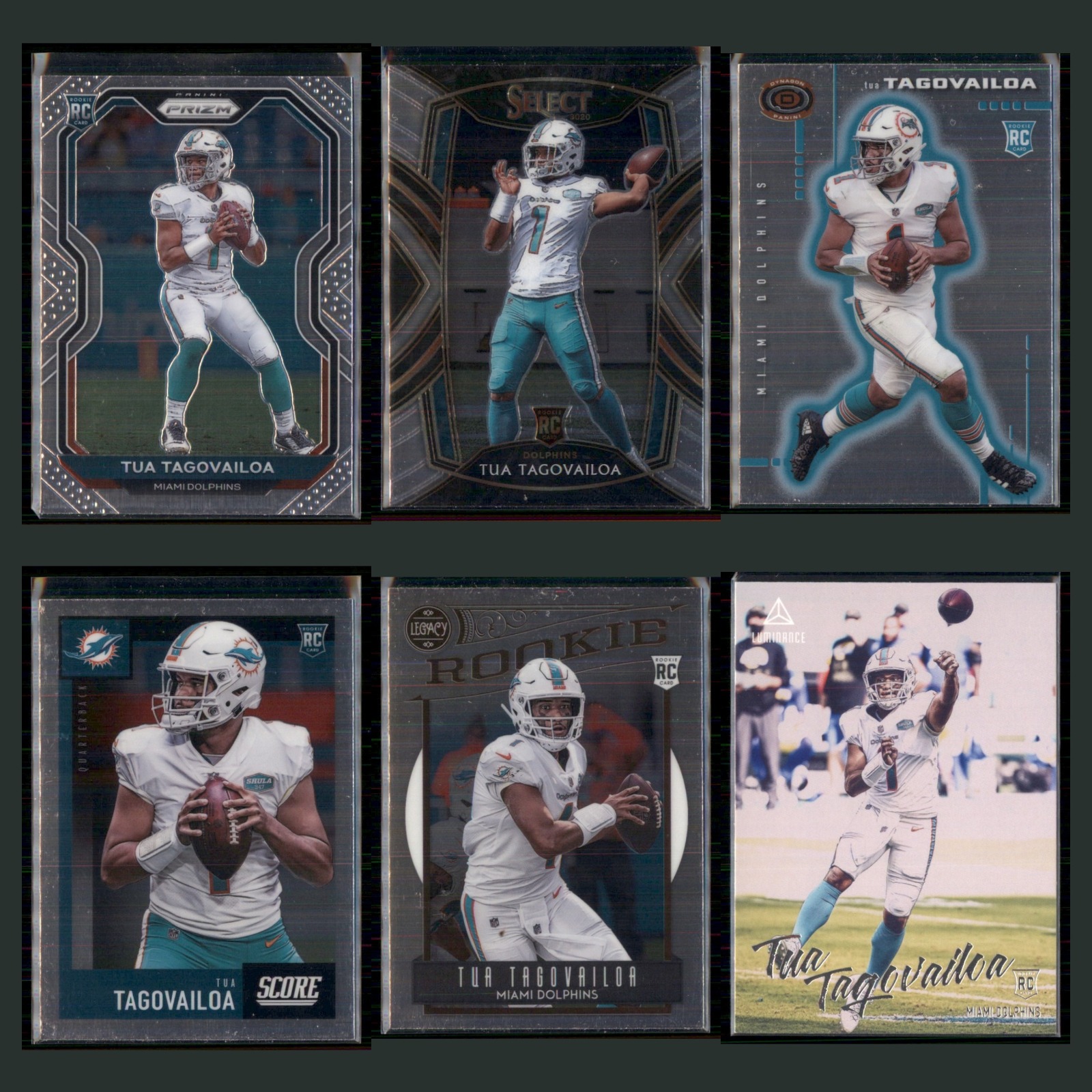 Tua Tagovailoa Rookie Lot 6 Football Cards 2020 Panini Prizm Miami Dolphins Set card scans. Overall card condition is Near Mint.