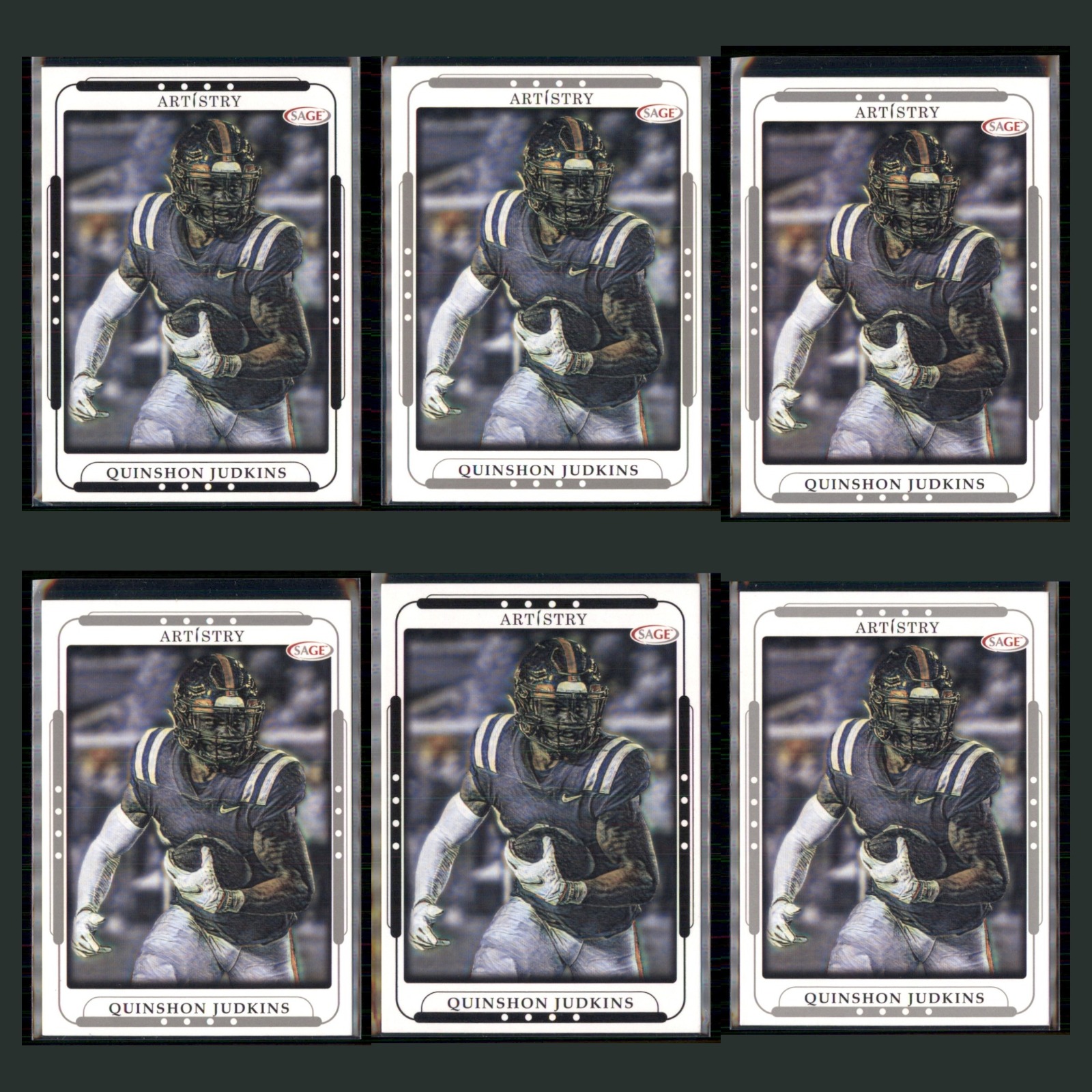 Quinshon Judkins Lot 6 Football Cards 2023 SAGE Artistry Ole Miss Rebels Set NFL card scans. Overall card condition is Near Mint.
