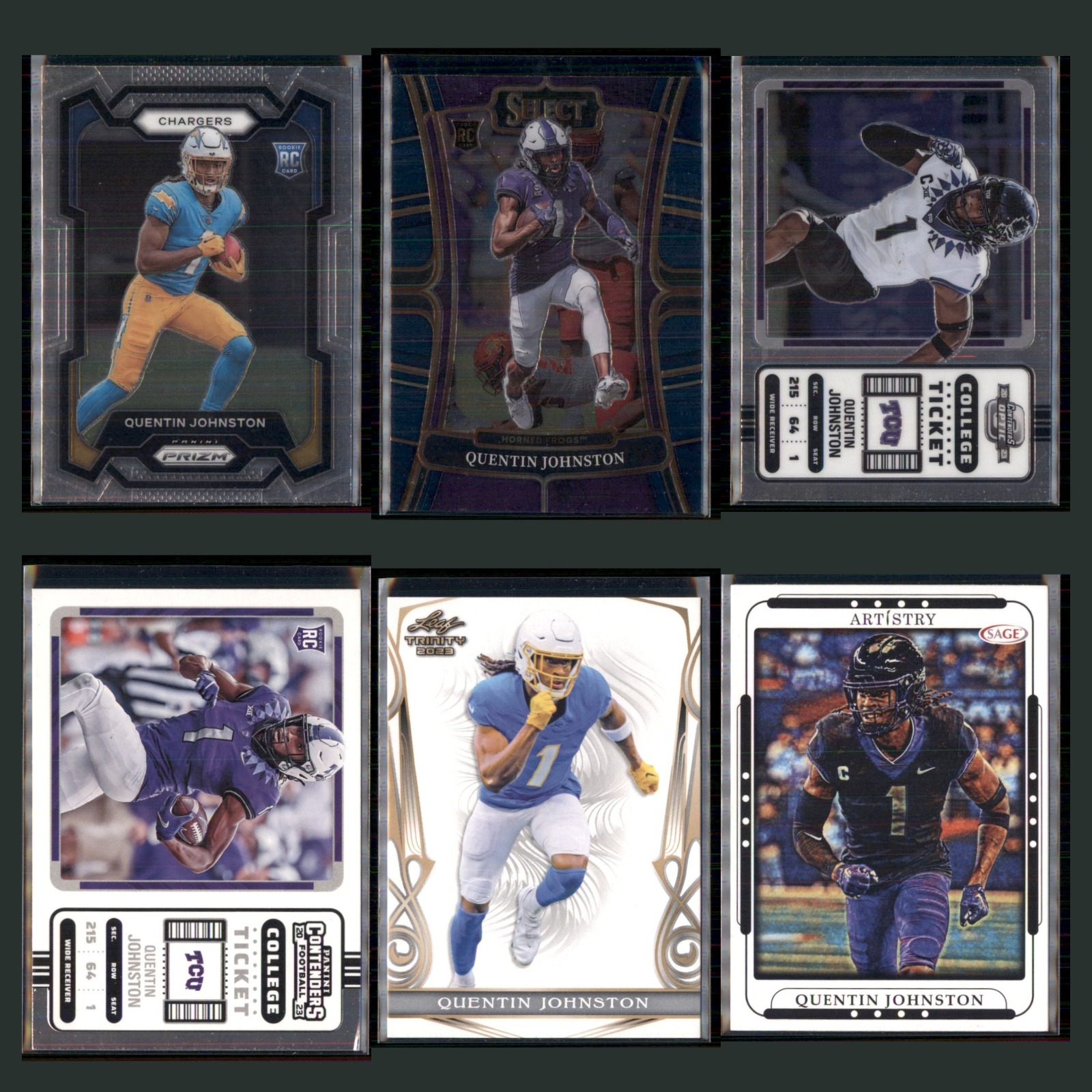 Quentin Johnston Rookie Lot 6 Football Cards 2023 Panini Prizm Chargers Set NFL card scans. Overall card condition is Near Mint.