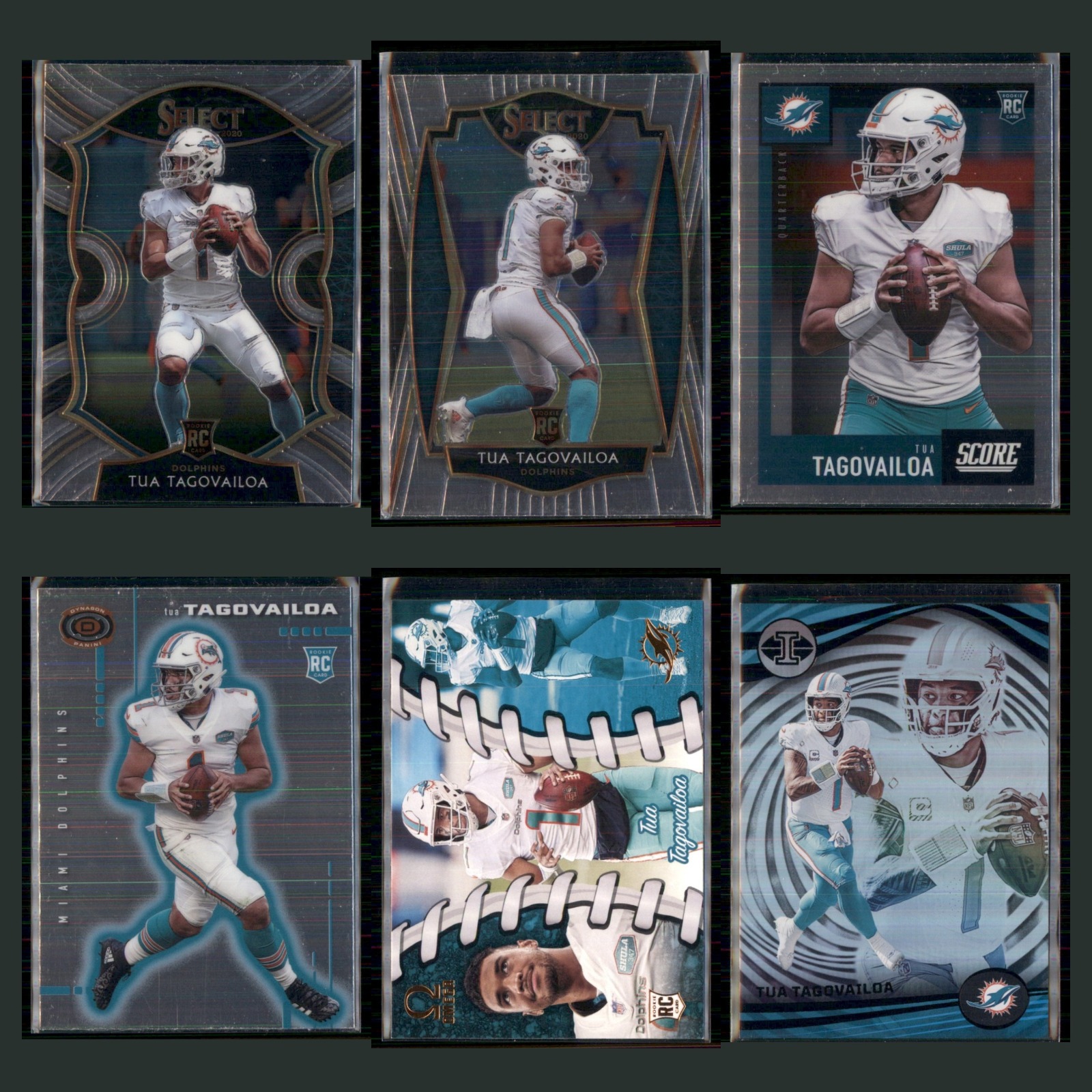 Tua Tagovailoa Rookie Lot 6 Football Cards 2020 Panini Select Miami Dolphins Set card scans. Overall card condition is Near Mint.