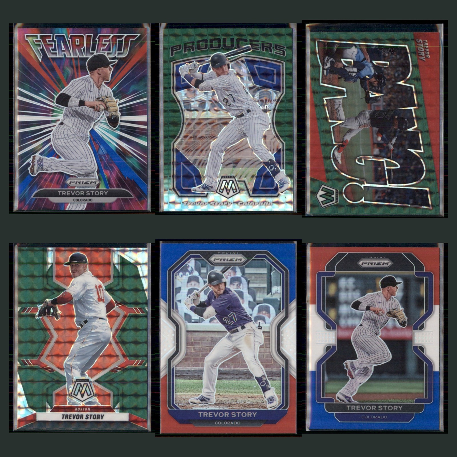Trevor Story Lot 6 Baseball Cards 2022 Panini Prizm Fearless Silver Rockies Set card scans. Overall card condition is Near Mint.