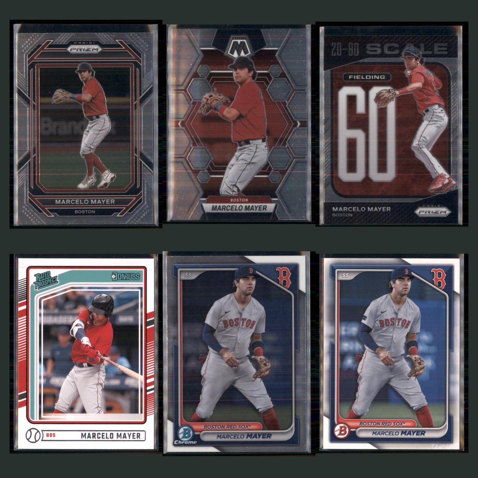 Marcelo Mayer Lot 6 Baseball Cards 2023 Panini Prizm Boston Red Sox Set MLB NM card scans. Overall card condition is Near Mint.
