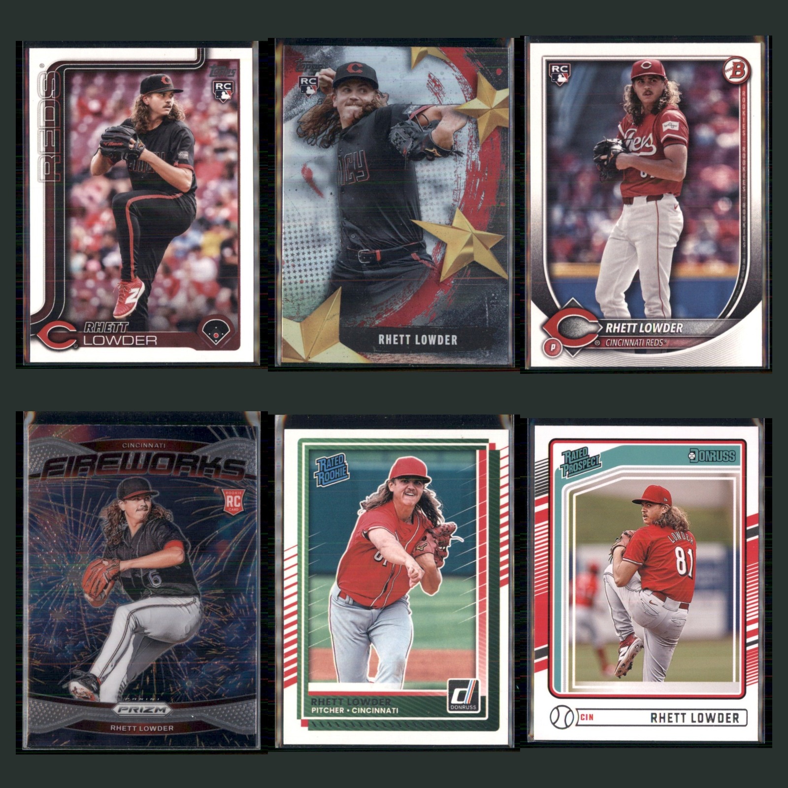 Rhett Lowder Rookie Lot 6 Baseball Cards 2025 Topps Cincinnati Reds Set MLB NM card scans. Overall card condition is Near Mint.