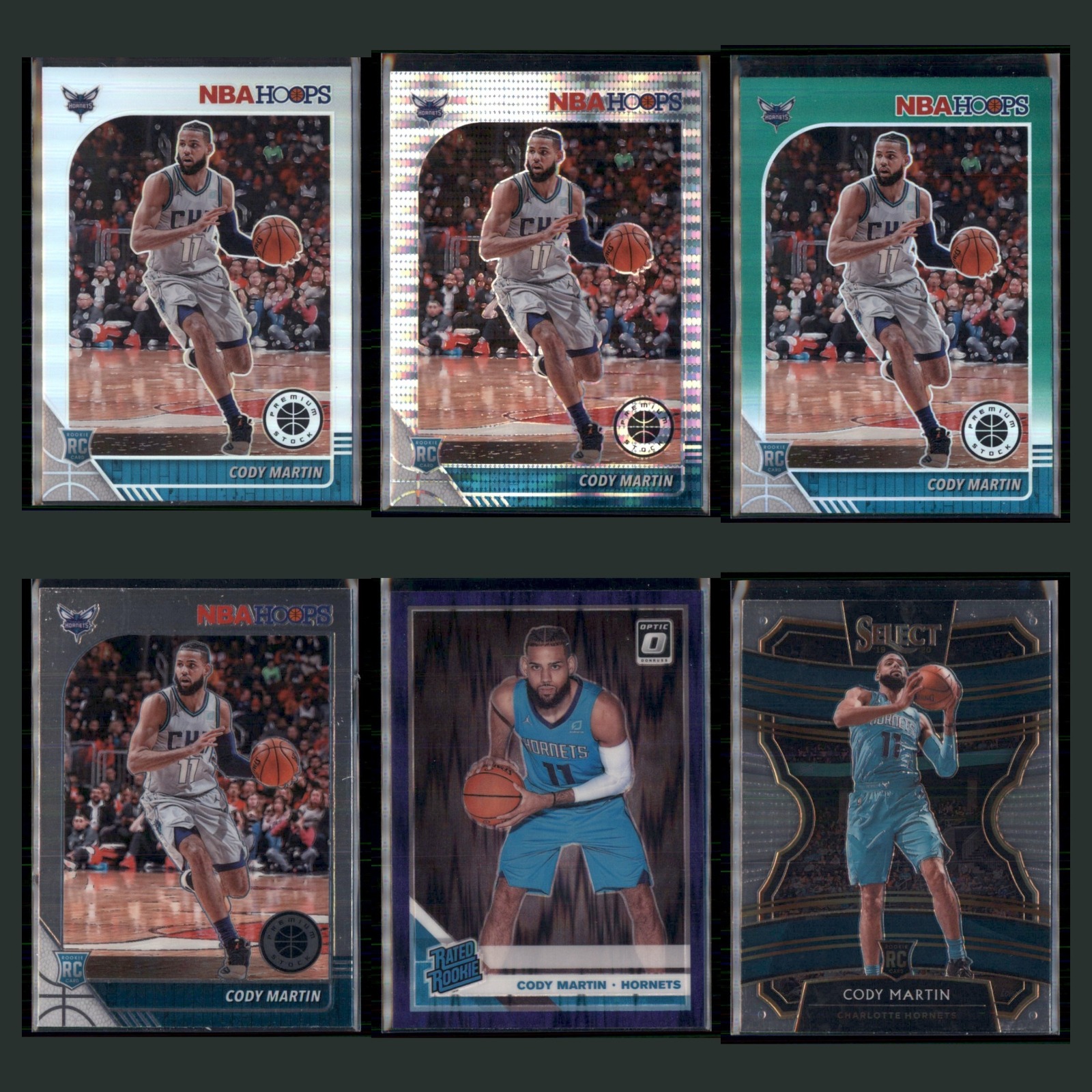 Cody Martin Rookie Lot 6 Basketball Cards 2019 Charlotte Hornets Set Collection card scans. Overall card condition is Near Mint.