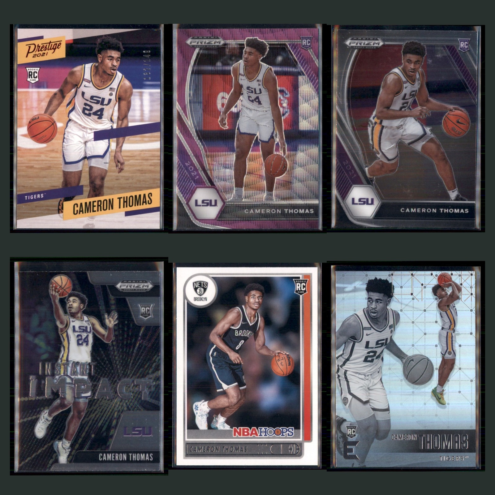 Cameron Thomas Rookie Lot 6 Basketball Cards 2021 LSU Tigers Set Collection NBA card scans. Overall card condition is Near Mint.