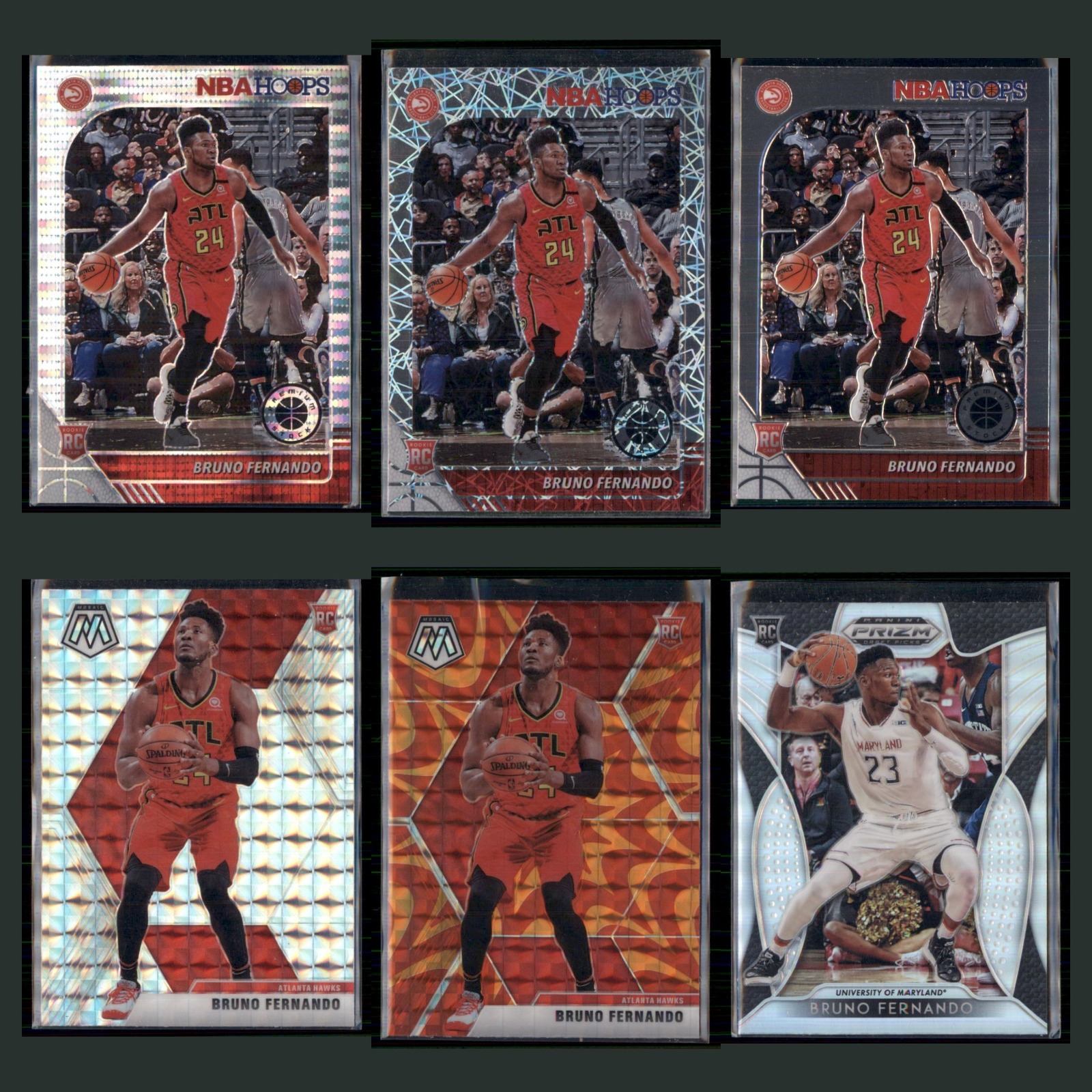 Bruno Fernando Rookie Lot 6 Basketball Cards 2019 Atlanta Hawks Set Collection card scans. Overall card condition is Near Mint.