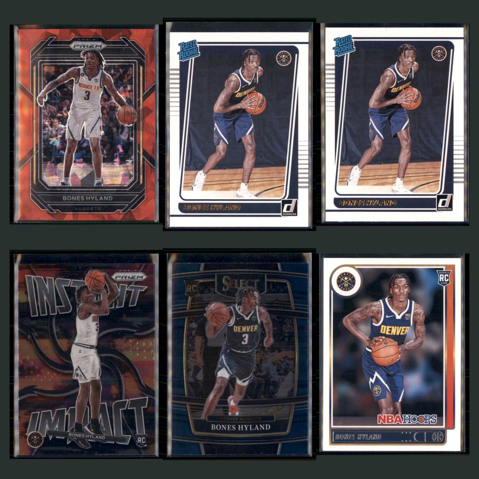 Bones Hyland Lot 6 Basketball Cards 2022 Panini Prizm Red Ice Denver Nuggets Set card scans. Overall card condition is Near Mint.