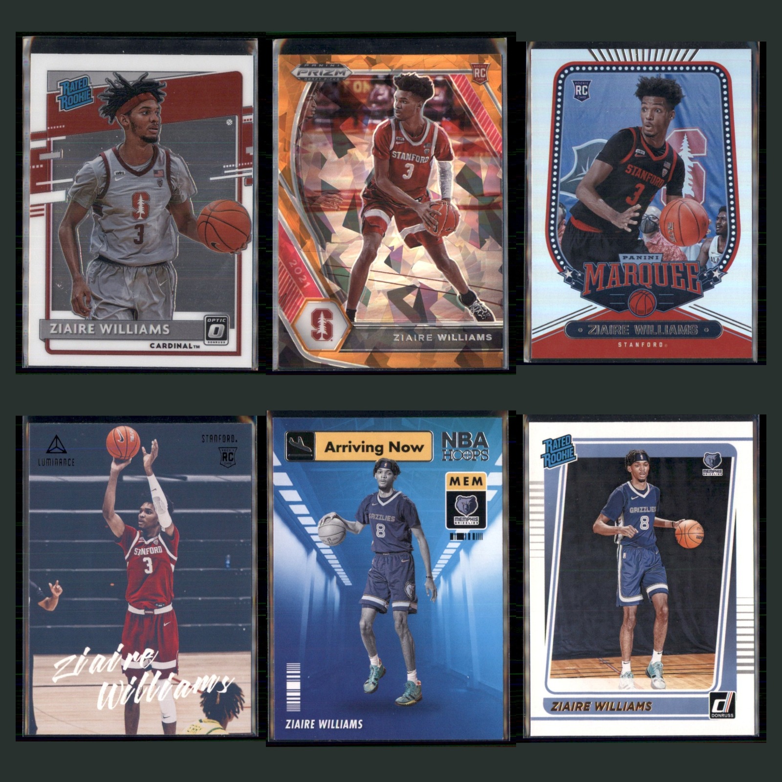 Ziaire Williams Rookie Lot 6 Basketball Cards 2021 Stanford Cardinal Set NBA NM card scans. Overall card condition is Near Mint.