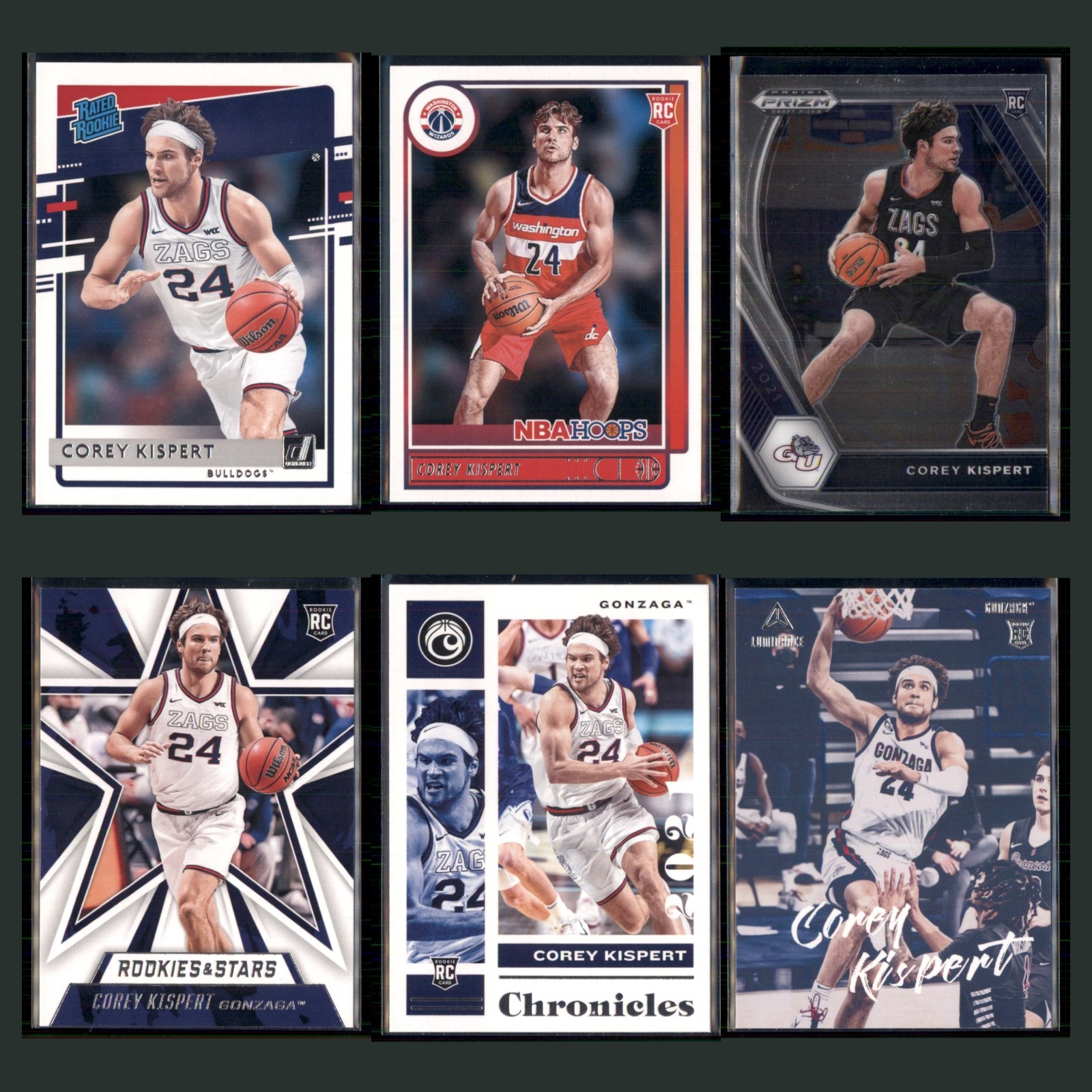 Corey Kispert Rookie Lot 6 Basketball Cards 2021 Panini Chronicles Draft Picks card scans. Overall card condition is Near Mint.