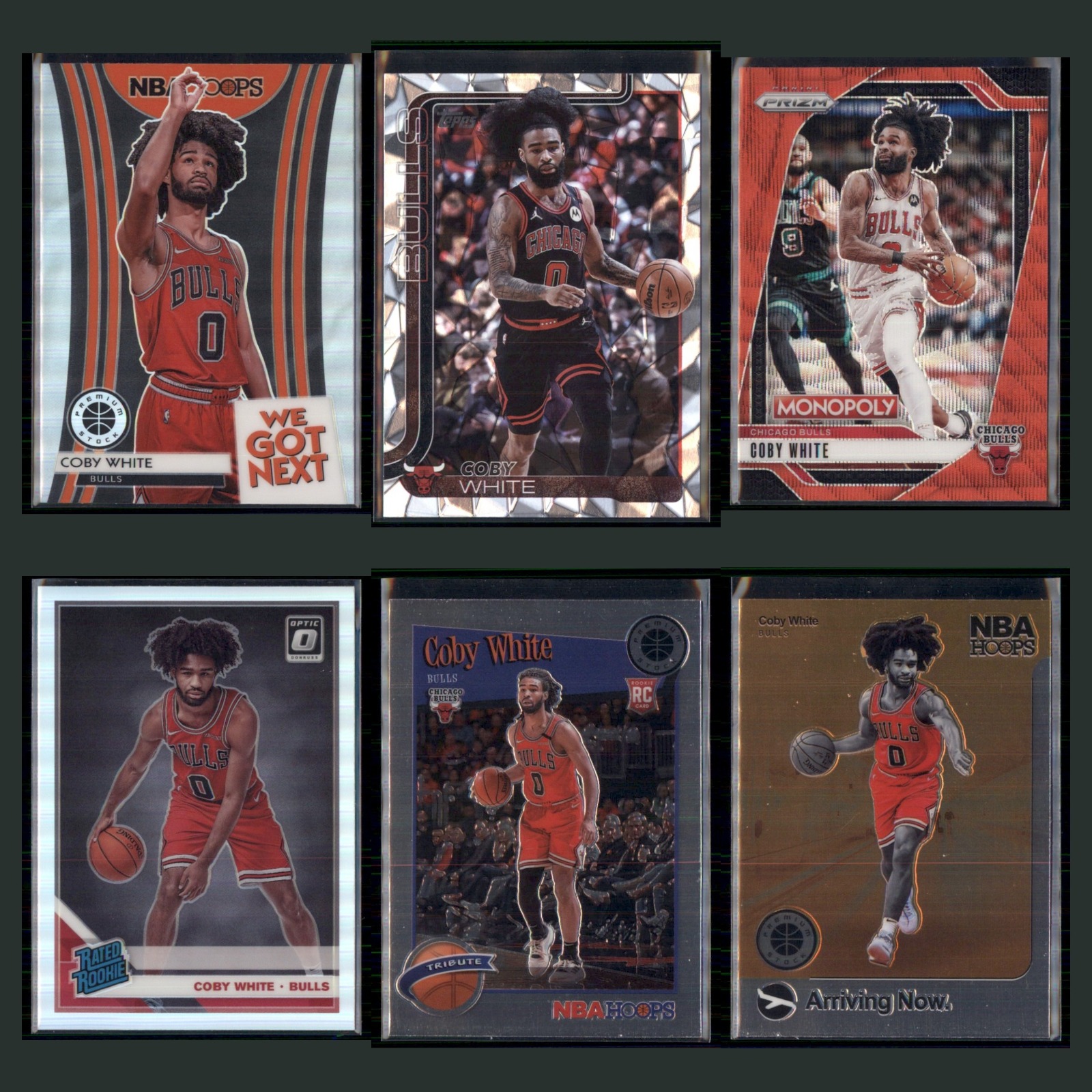 Coby White Rookie Lot 6 Basketball Cards 2019 Chicago Bulls Set Collection NBA card scans. Overall card condition is Near Mint.
