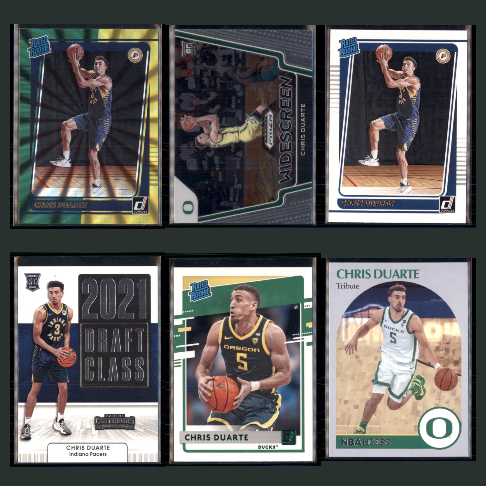 Chris Duarte Rookie Lot 6 Basketball Cards 2021 Indiana Pacers Set Collection NM card scans. Overall card condition is Near Mint.