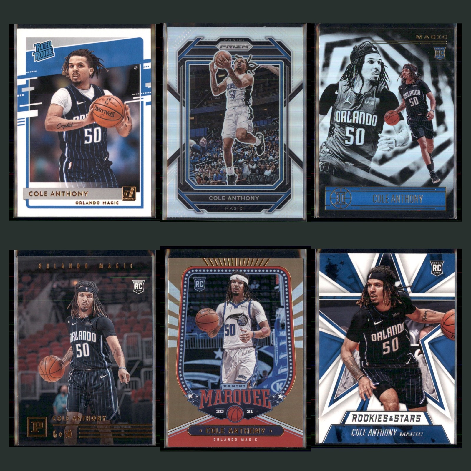 Cole Anthony Rookie Lot 6 Basketball Cards 2020 Donruss Rated Rookies Magic Set card scans. Overall card condition is Near Mint.