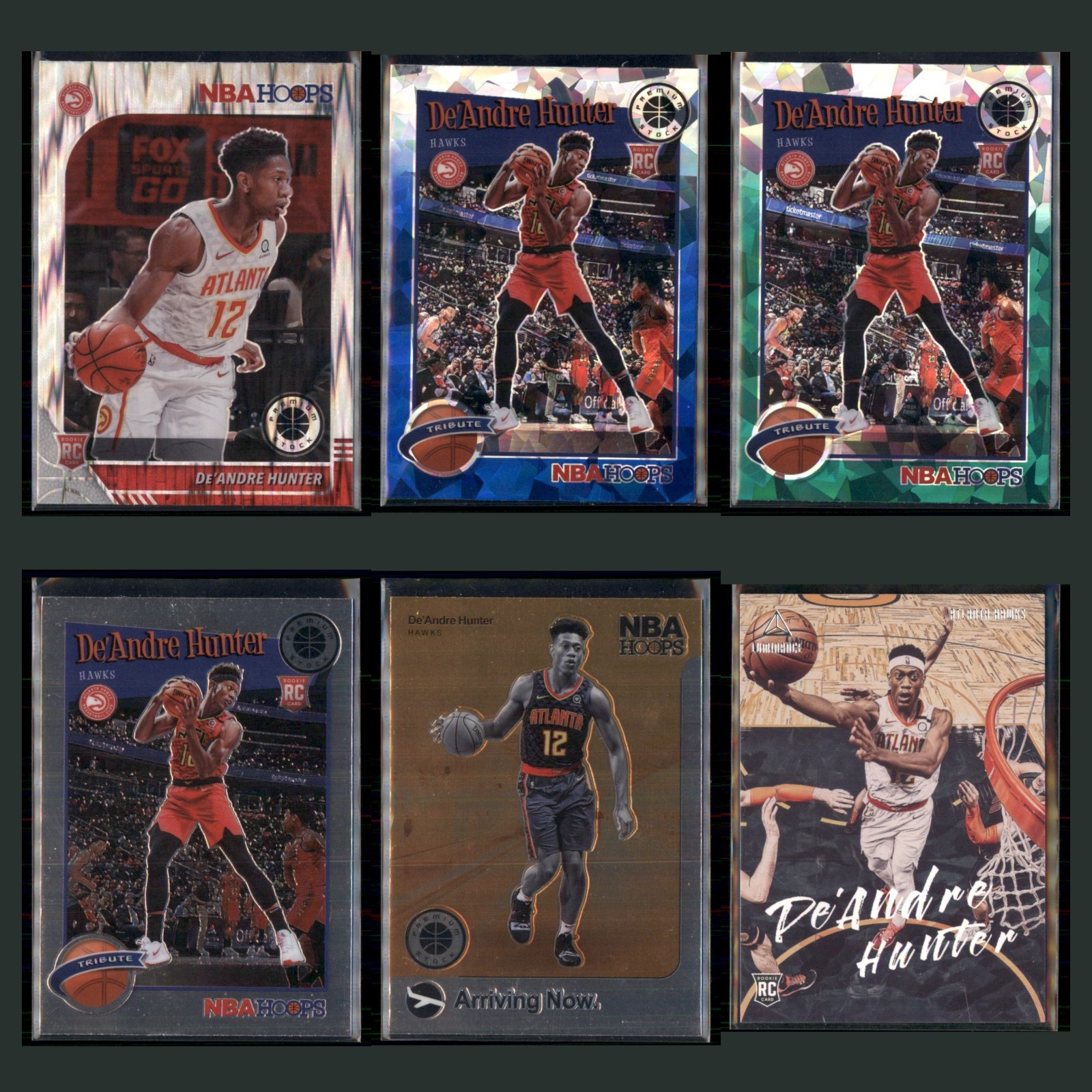 De'Andre Hunter Rookie Lot 6 Basketball Cards 2019 Atlanta Hawks Set Collection card scans. Overall card condition is Near Mint.