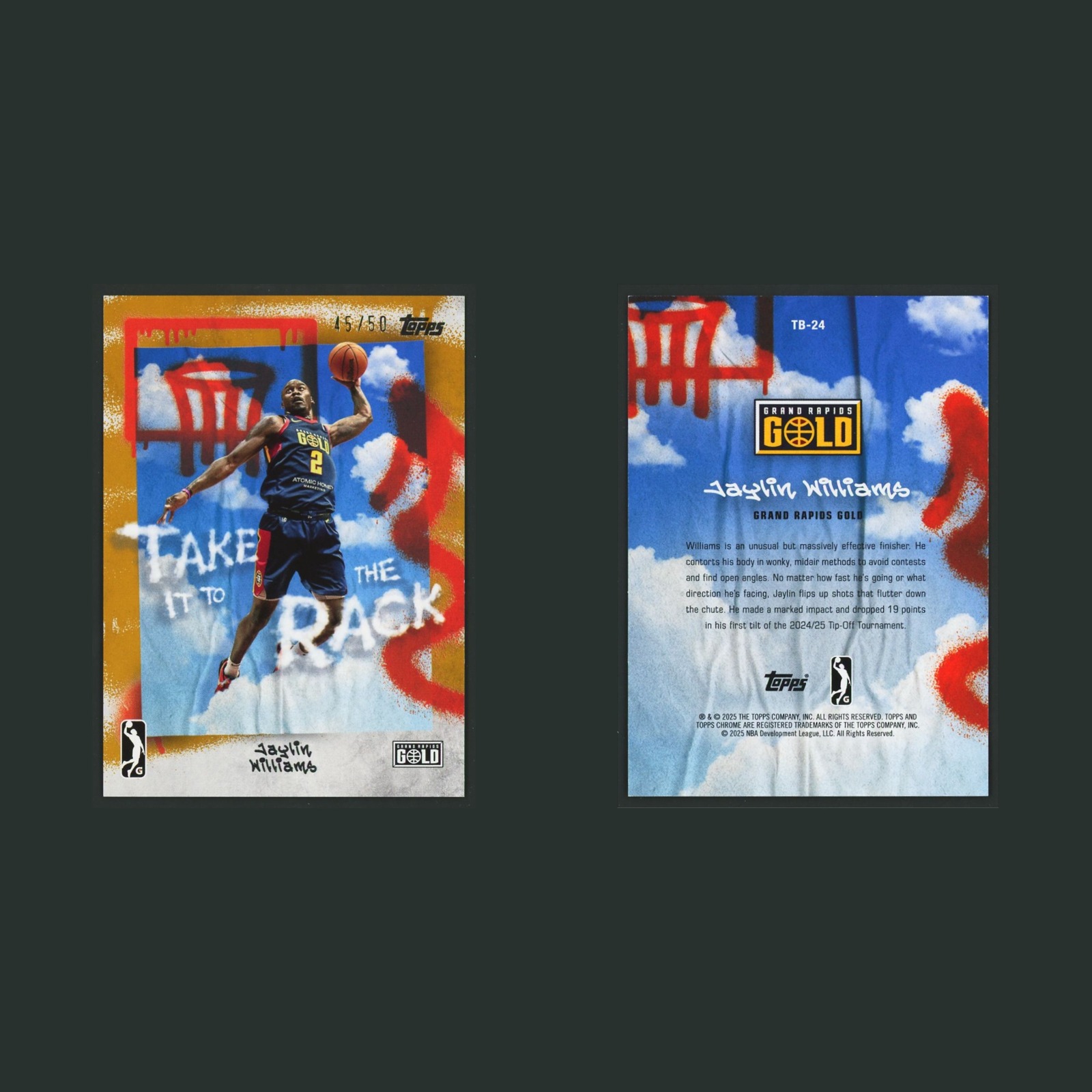 Jaylin Williams /50 #TB-24 2025-26 Topps NBA G League Take it to the Rack Gold front and back scans. Card condition is Near Mint.