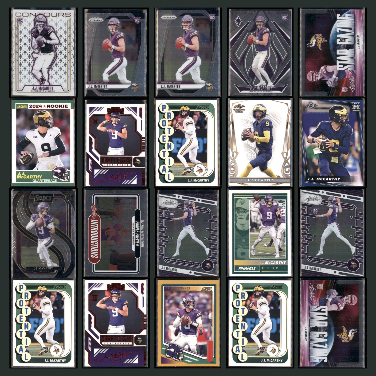 J.J. McCarthy Rookie Lot 20 Football Cards 2024 Panini Phoenix Contours Vikings card scans. Overall card condition is Near Mint.