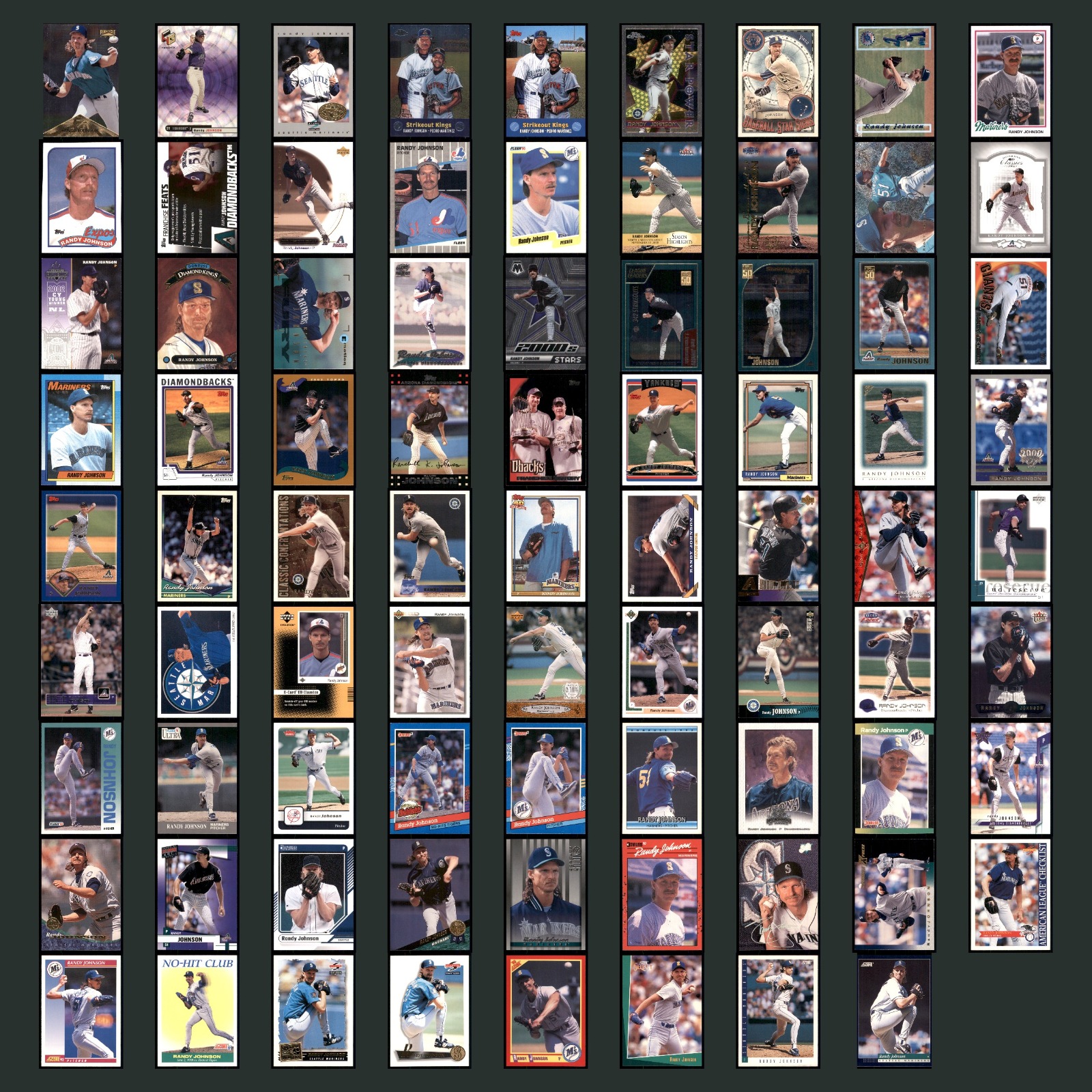 Randy Johnson Lot 80 Baseball Cards Rookie MLB Topps Fleer Pinnacle No Dupe Card card scans. Overall card condition is Near Mint.